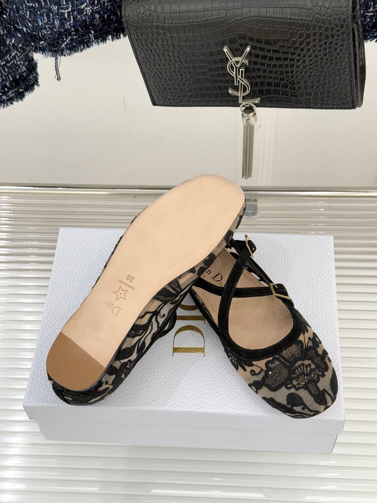 Saint Laurent Embroidered Canvas Mary Jane Flats
