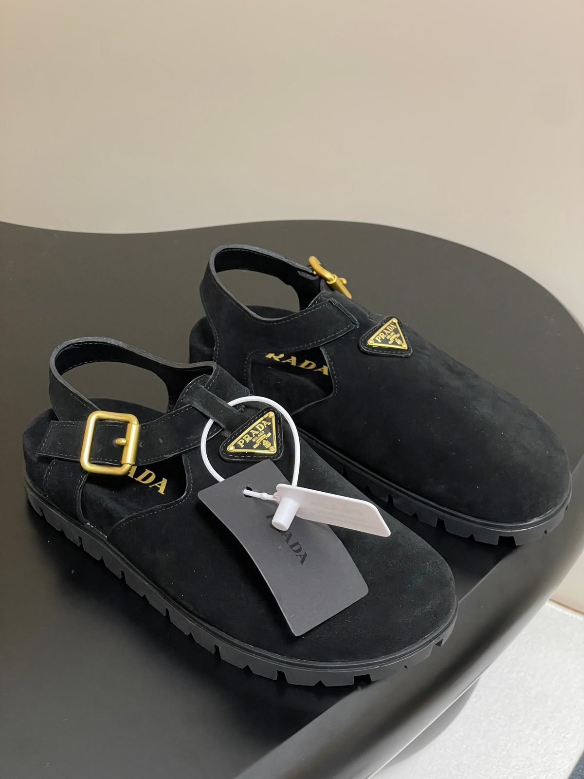 Prada Black Suede Clogs with Gold Hardware