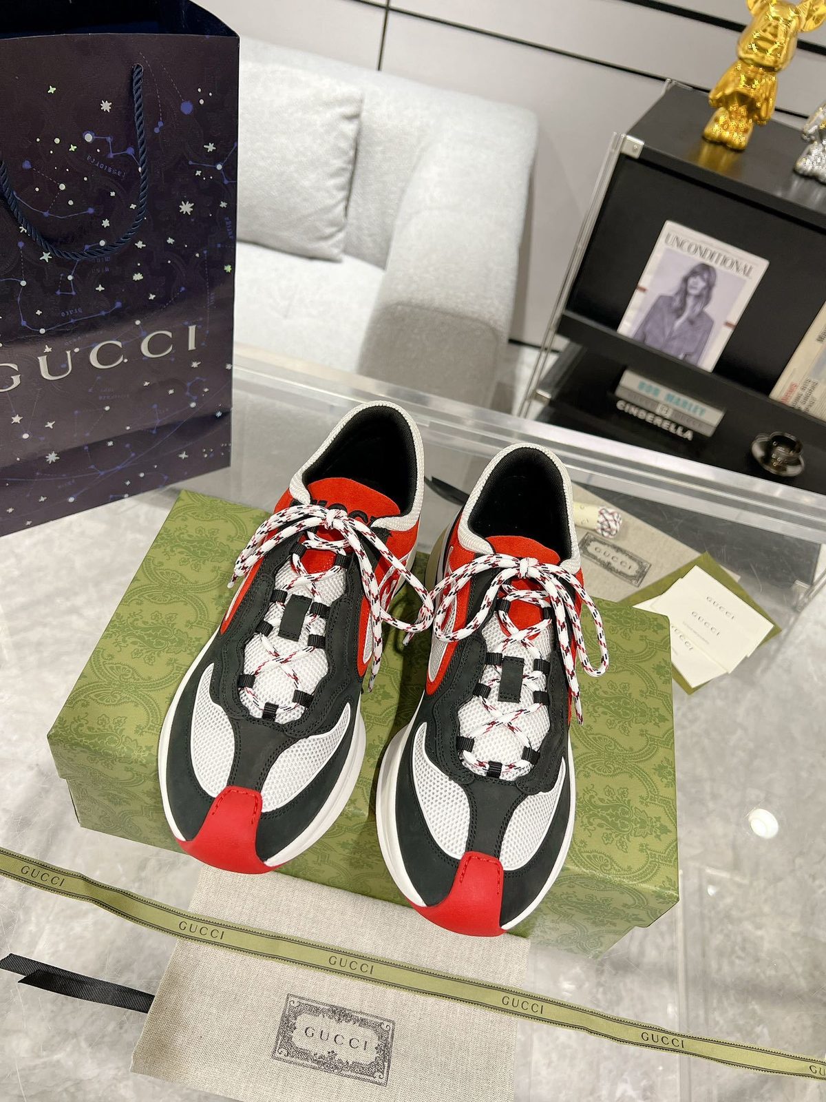 Gucci Rhyton Leather Sneakers Red Black White