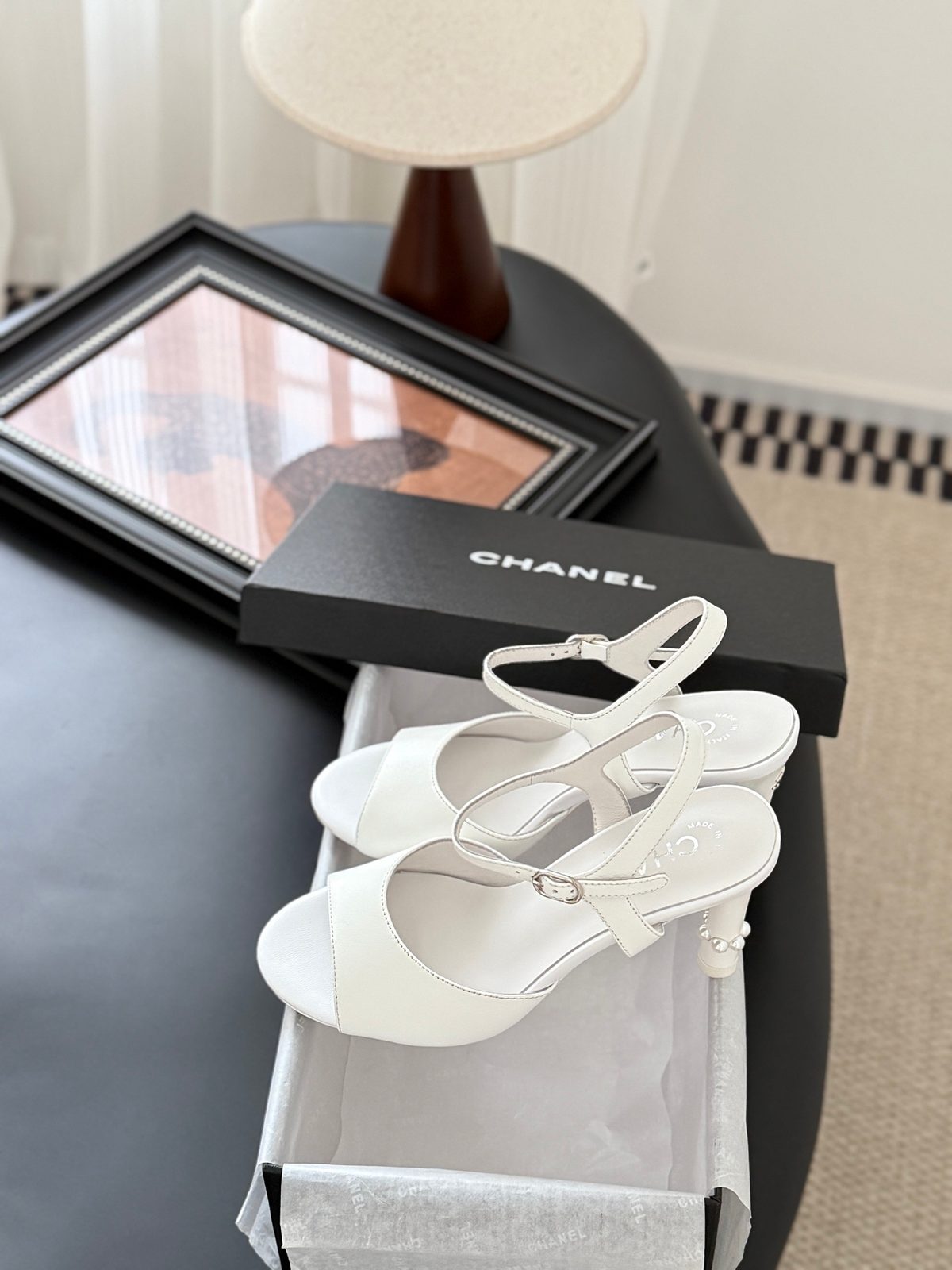 Chanel White Leather Platform Ankle Strap Heels