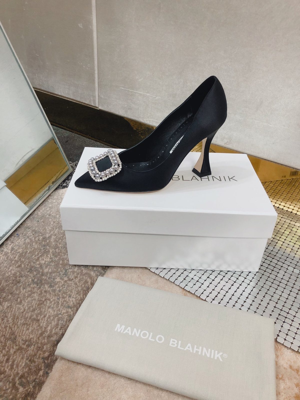 Manolo Blahnik Black Satin Pointed Pump