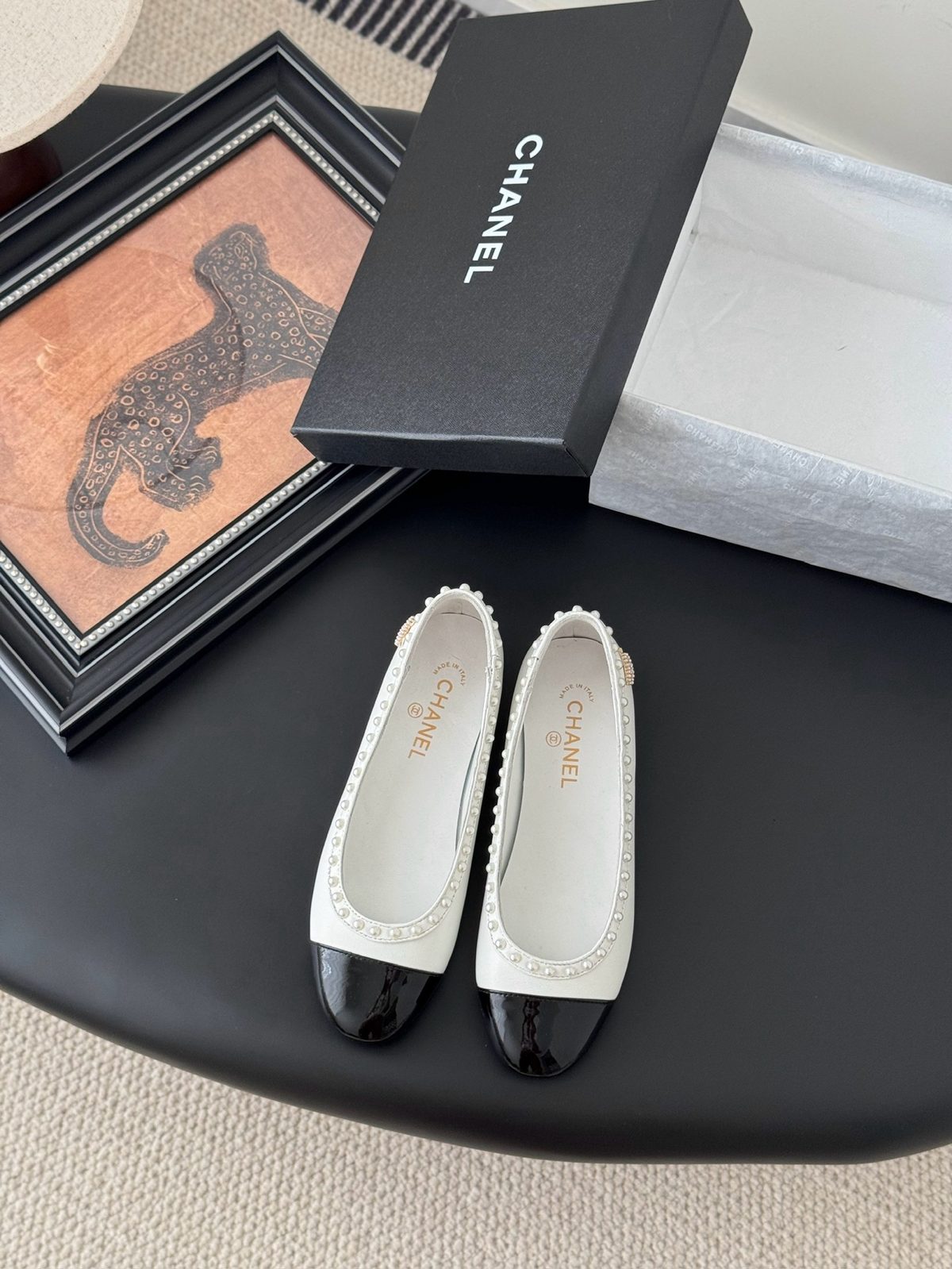 Chanel Black Toe Ballet Flats White