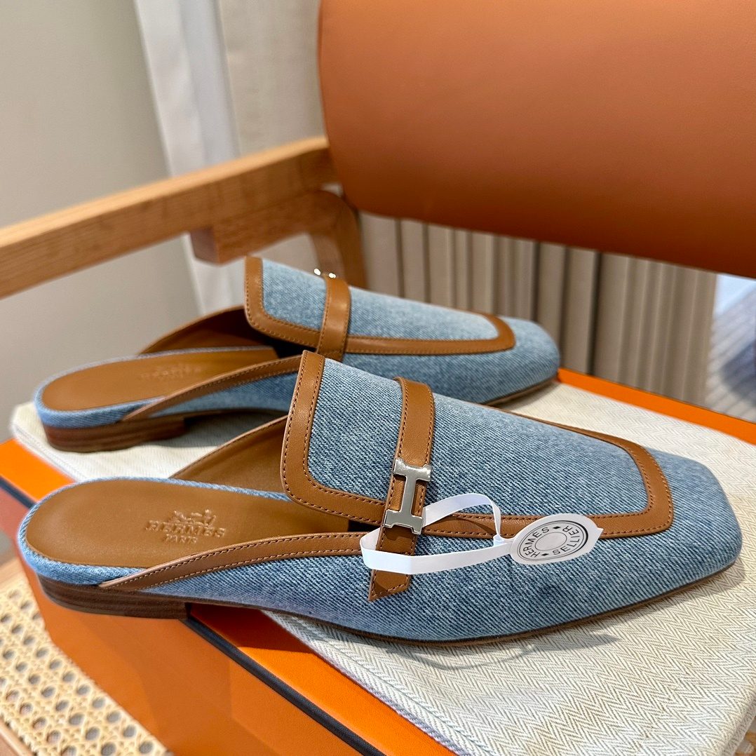 Hermès Denim and Leather Loafer Mule