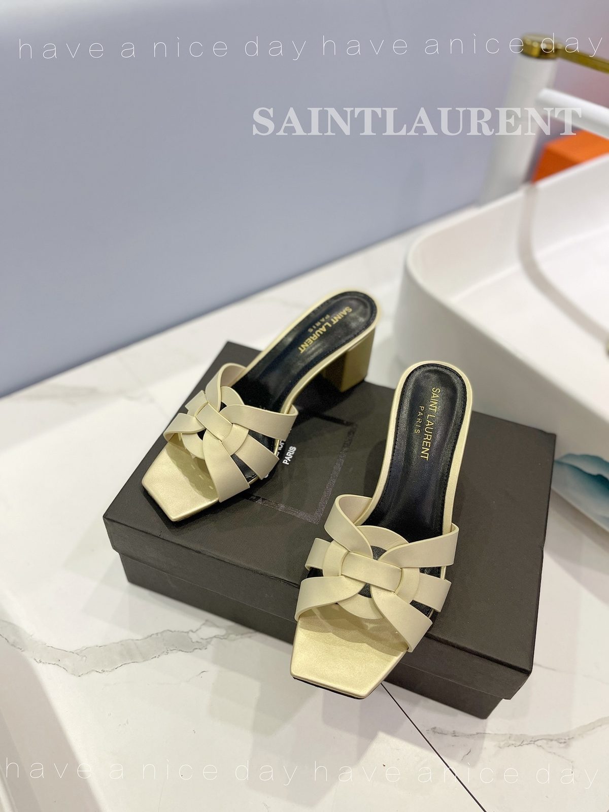 Saint Laurent Bow Slide Sandals Cream