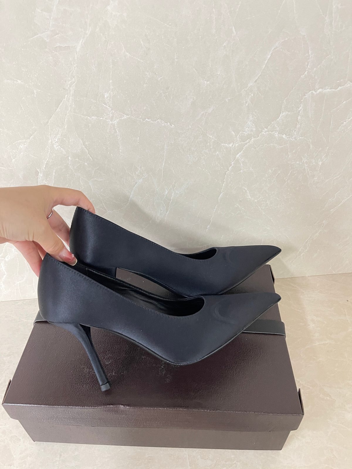 Black Satin Pointed Toe Pump Heels