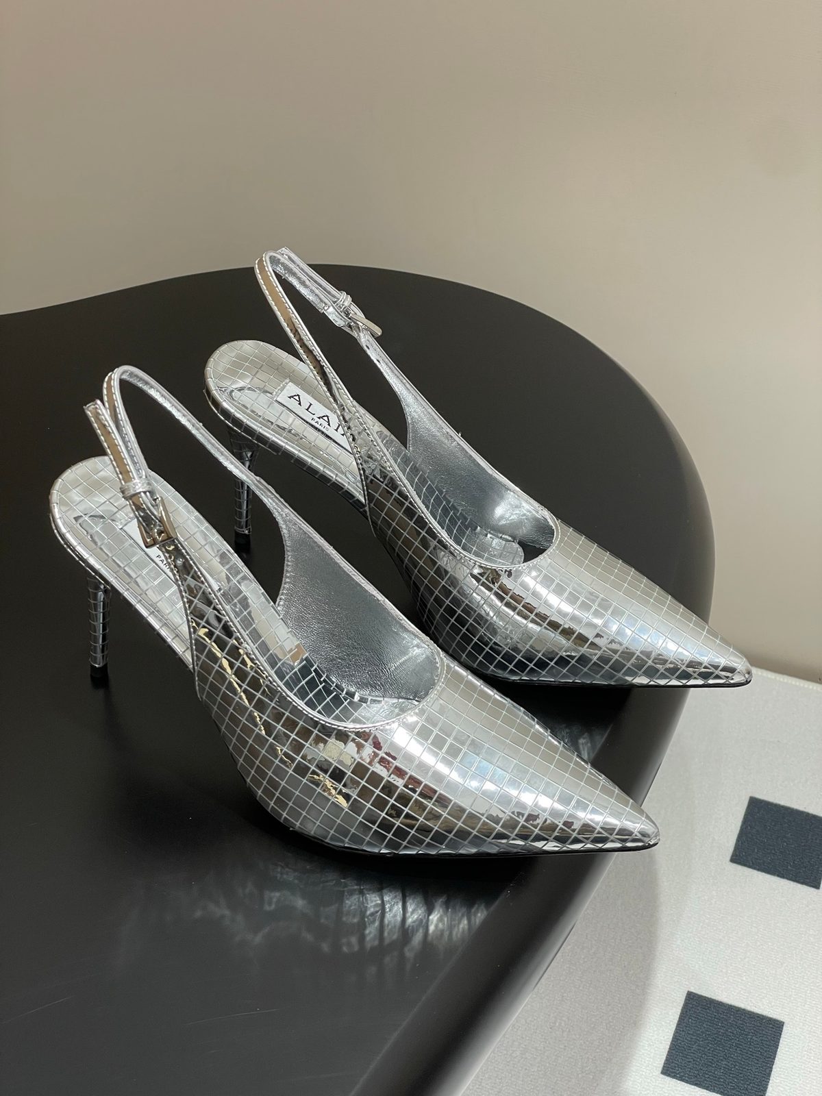 ALAÏA Crocodile-Embossed Silver Slingback Heels