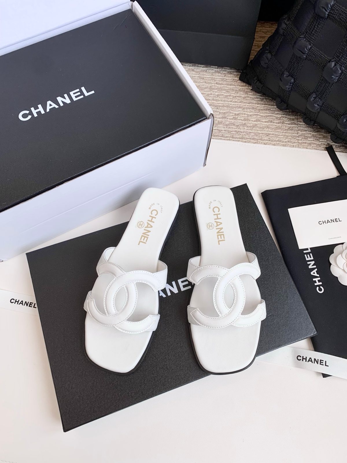 Chanel CC Logo White Slide Sandals