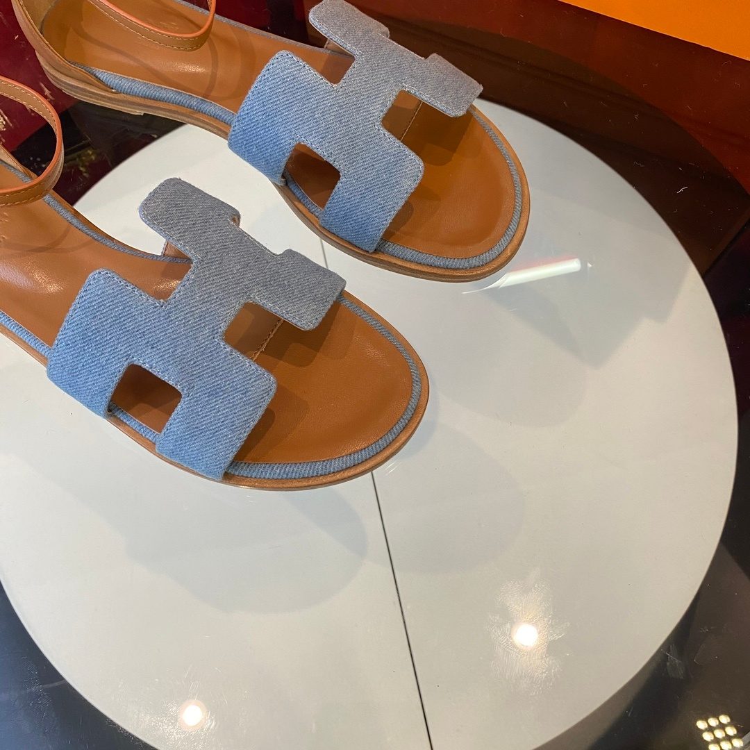 Hermès Oran Denim and Leather Sandals