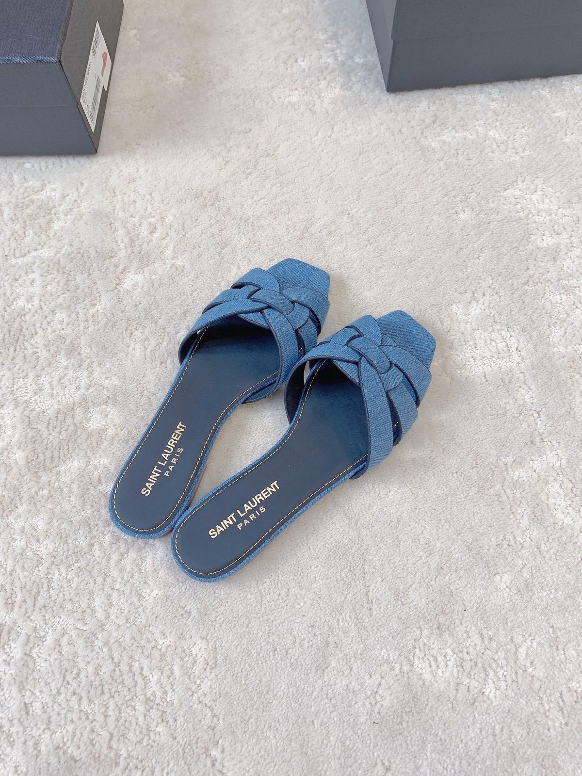 Saint Laurent Paris Denim Bow Slide Sandals
