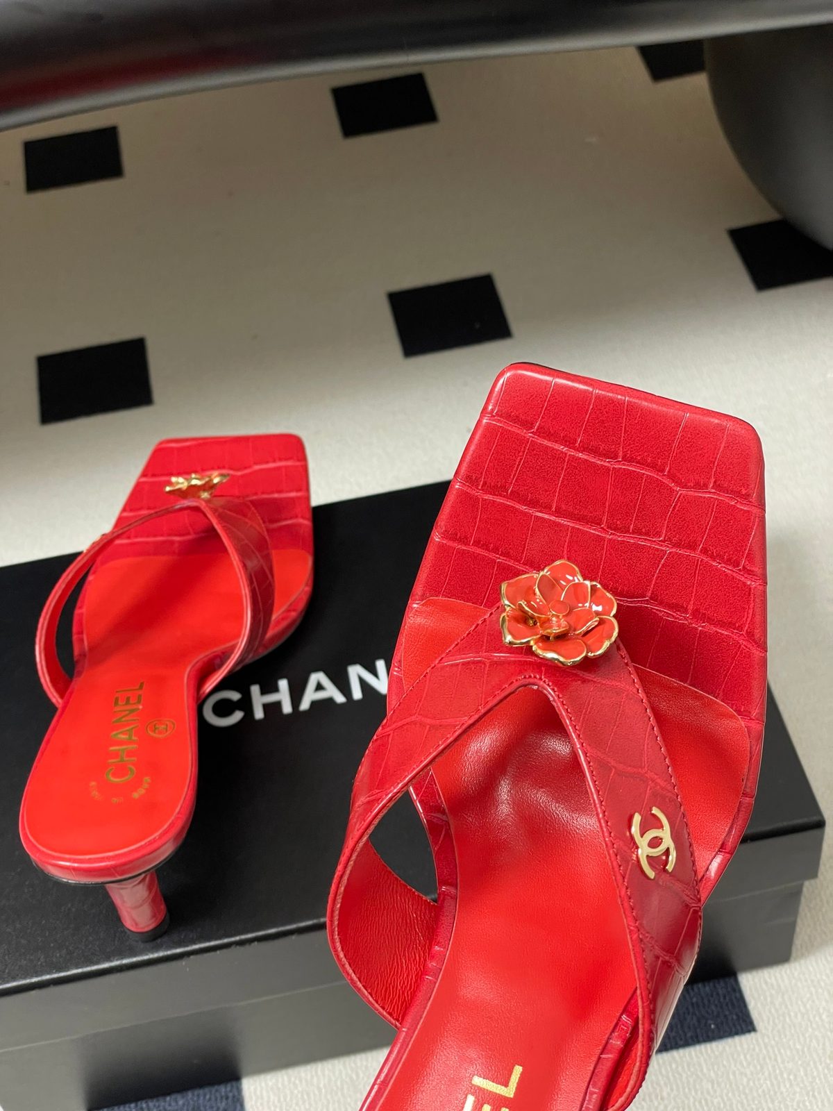 Chanel Red Crocodile Embossed Slide Sandals
