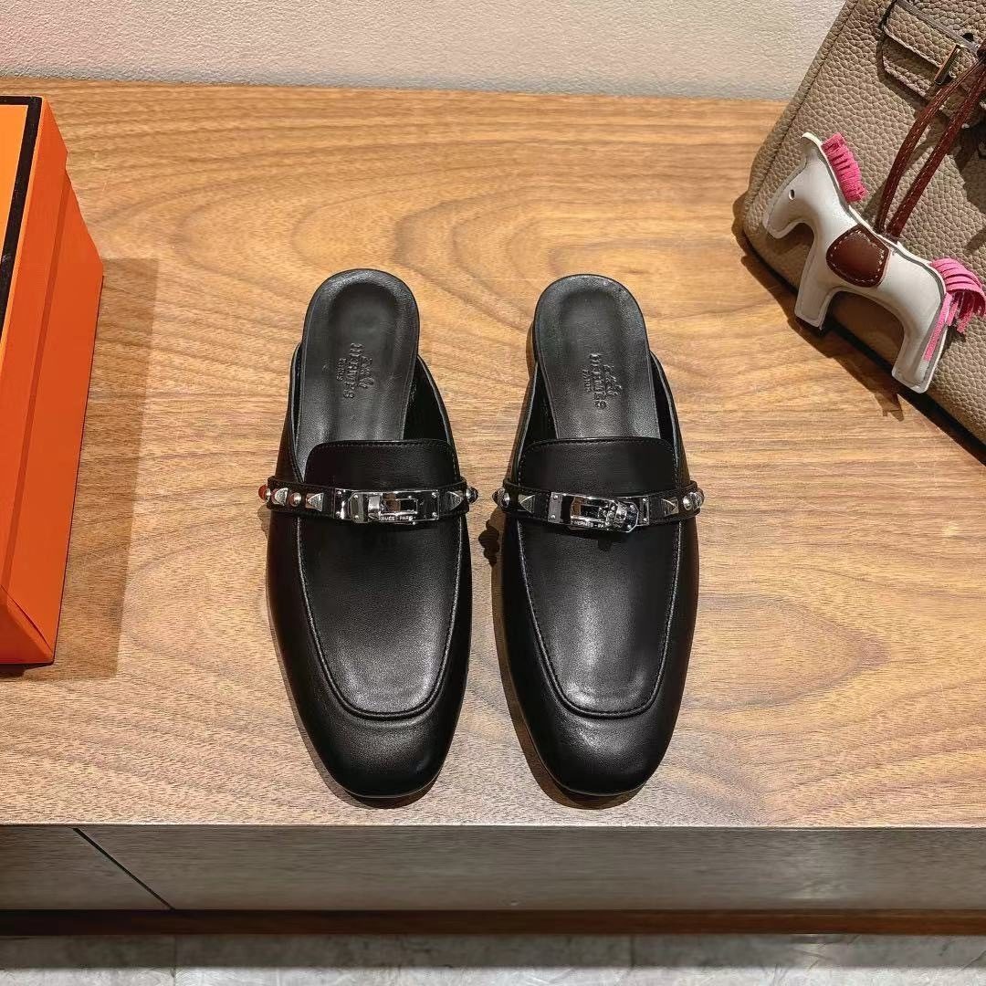 Hermès Studded Leather Mule Loafers