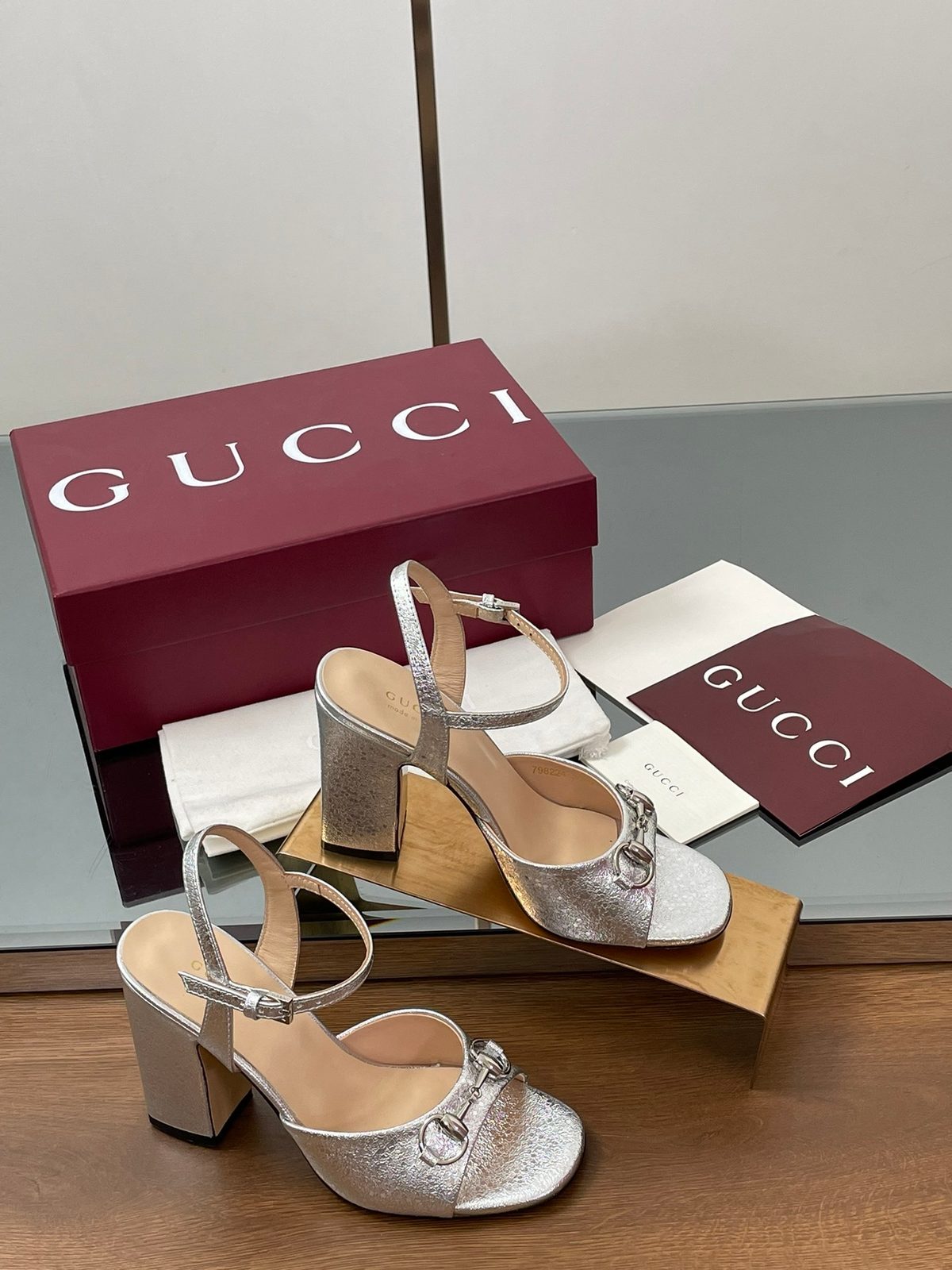 Gucci Metallic Leather Block Heel Sandals
