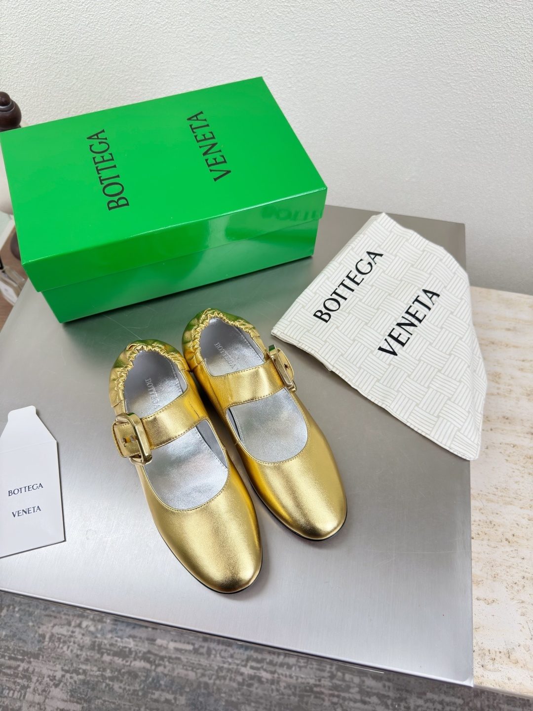 Bottega Veneta Gold Metallic Mary Jane Flat