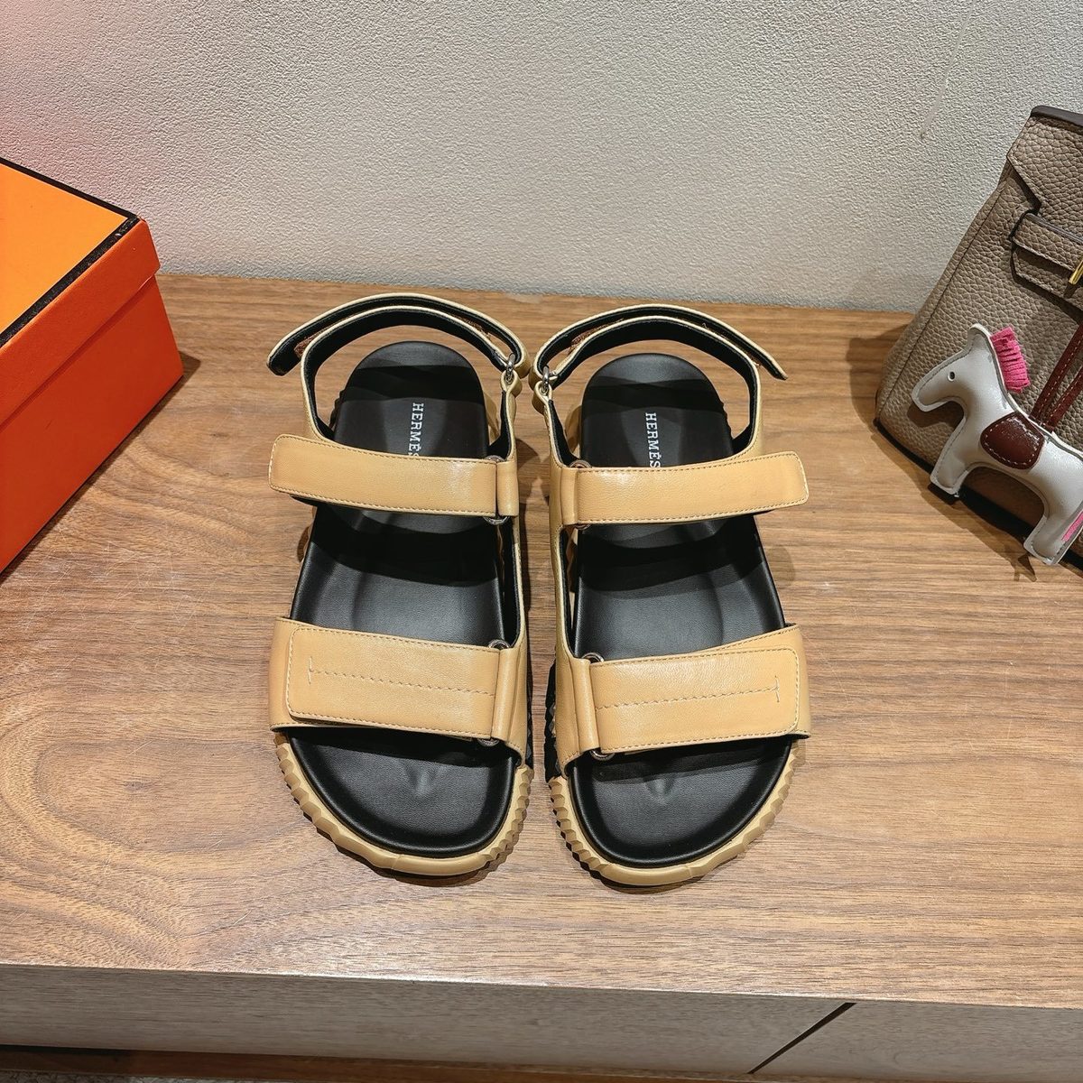Hermès Leather Platform Sandals Beige