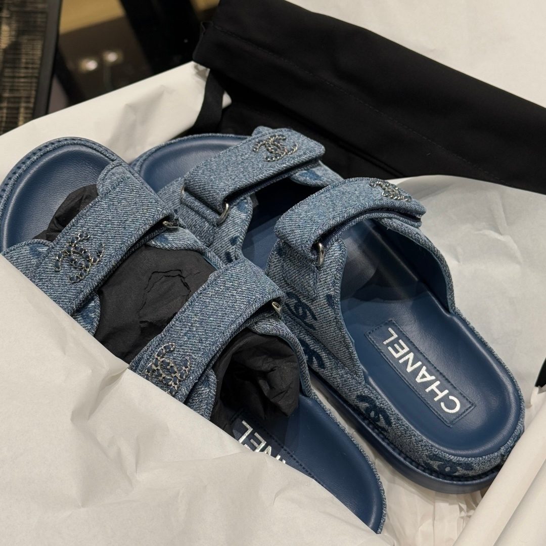 Chanel Denim Dad Sandals with CC Logo