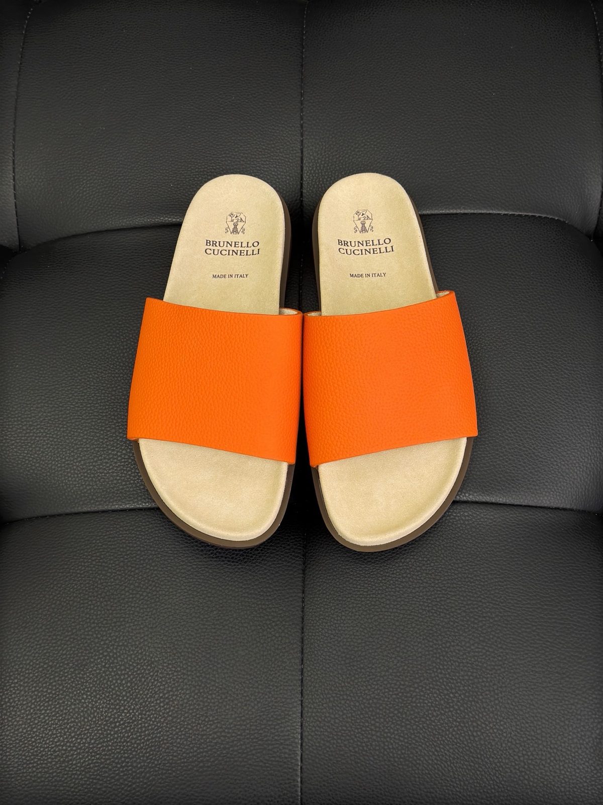 Brunello Cucinelli Orange Leather Slide Sandals
