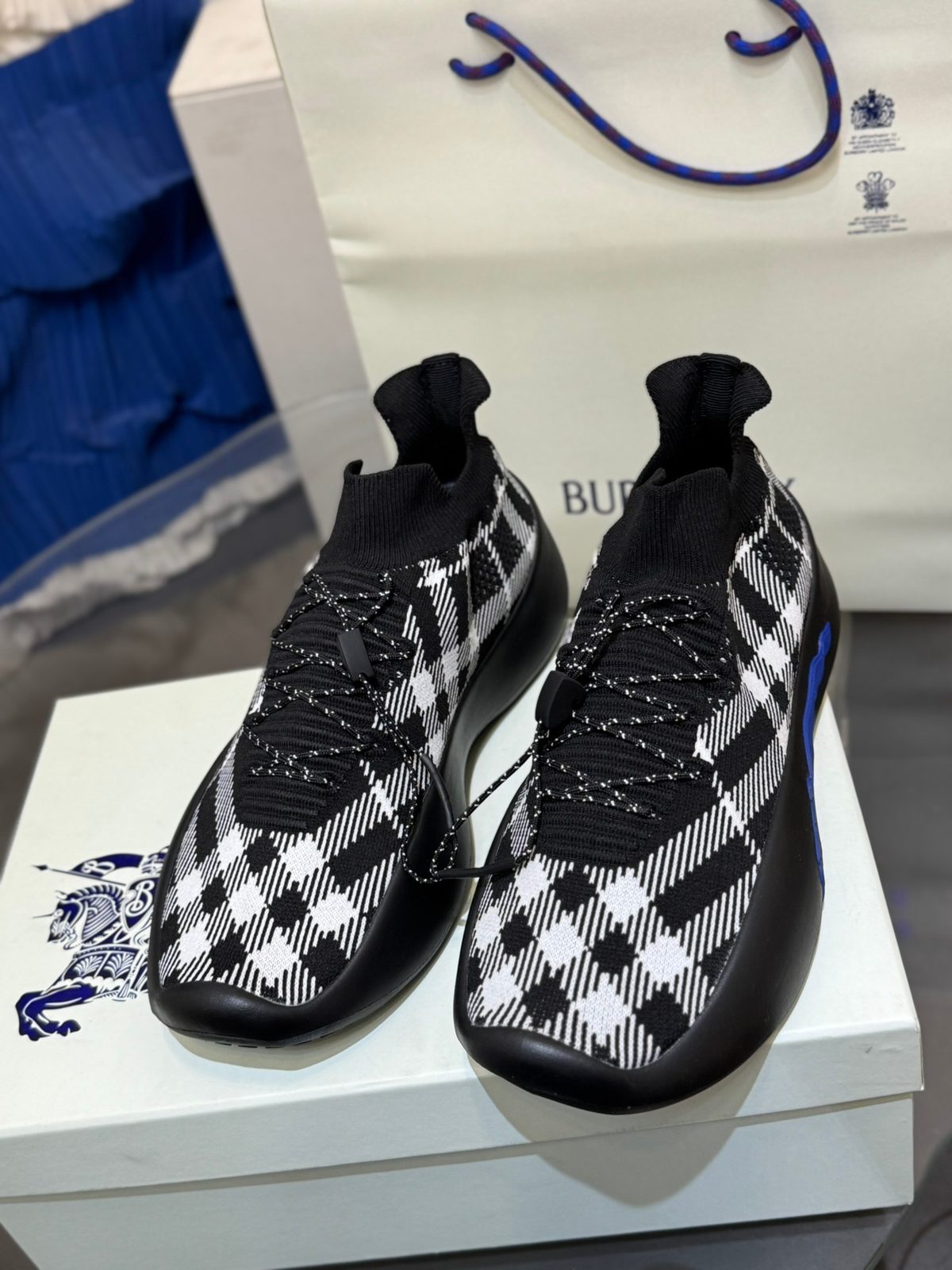 Burberry Knit High-Top Sneaker Black White Argyle