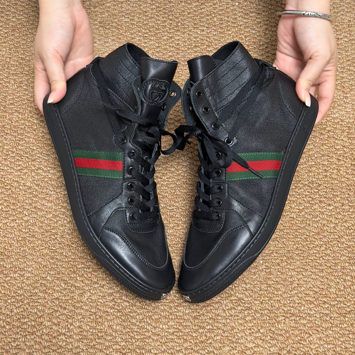 Gucci High-Top Sneaker Black with Red-Green Web Stripe