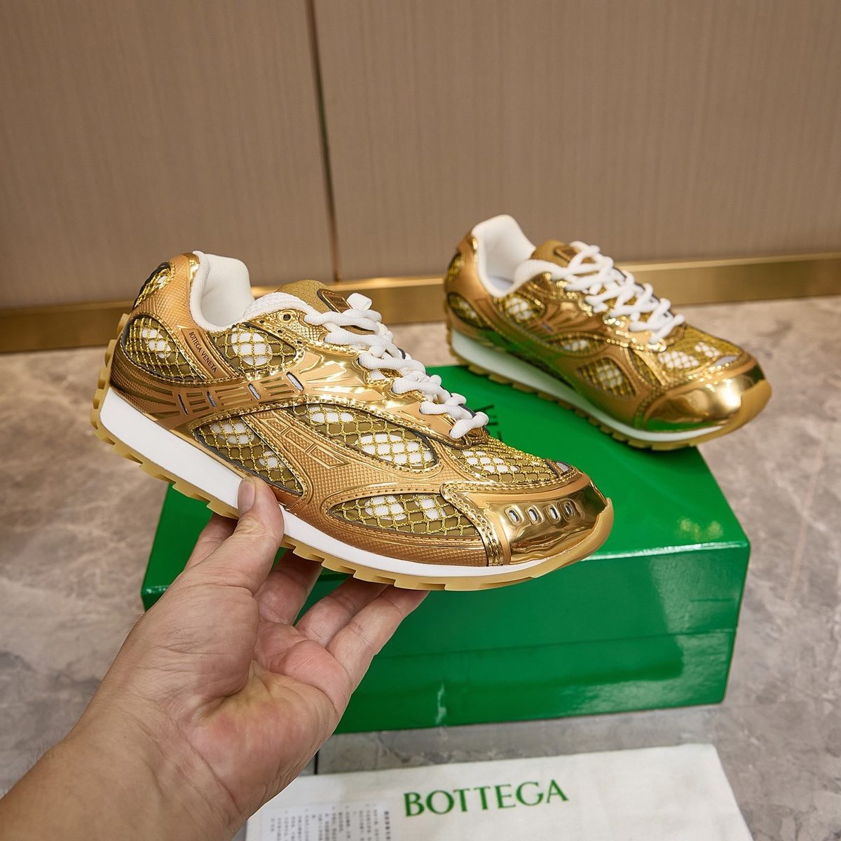 Bottega Veneta Gold Metallic Sneakers