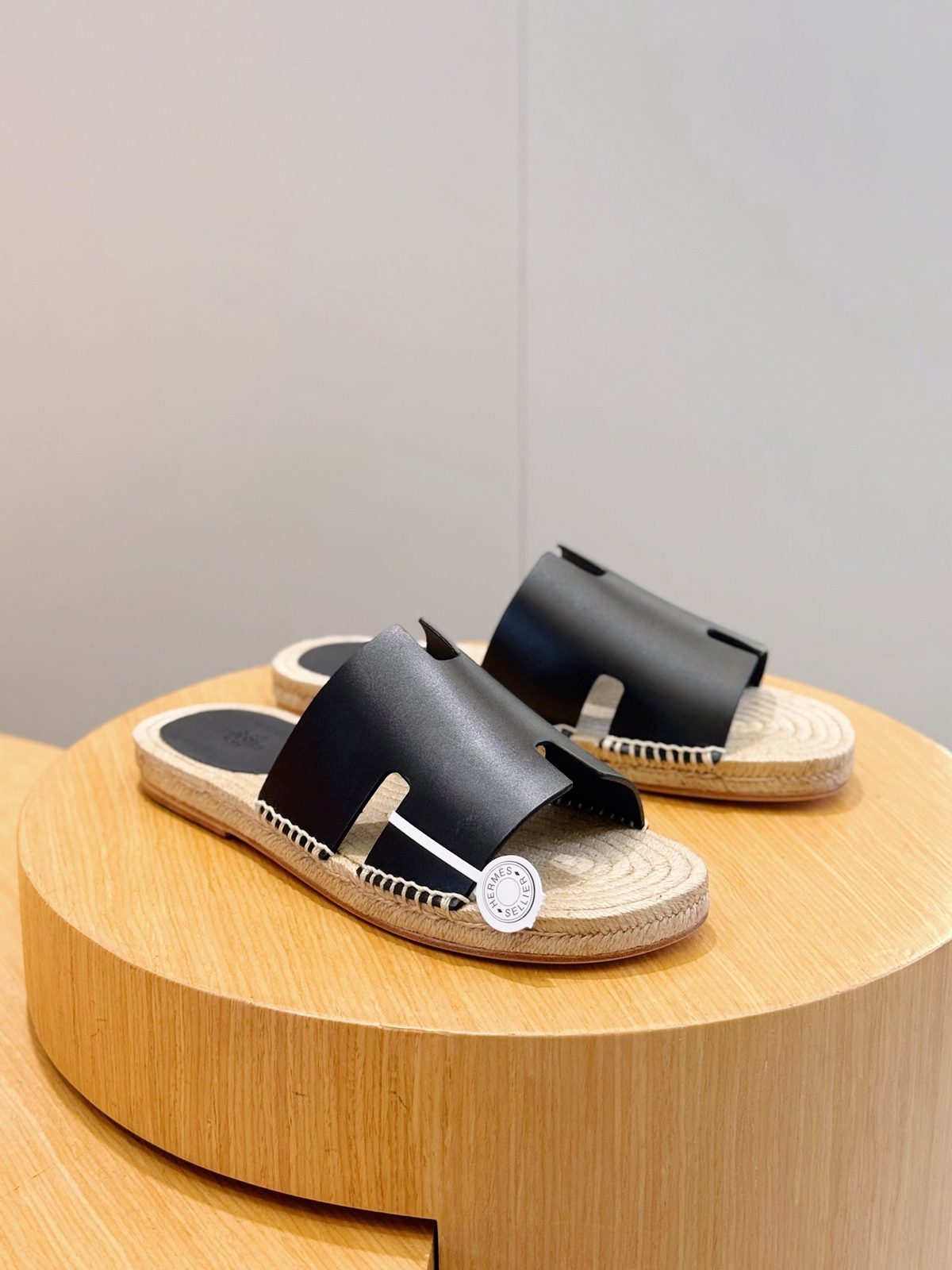 Hermès Chypre Black Leather Espadrille Slides