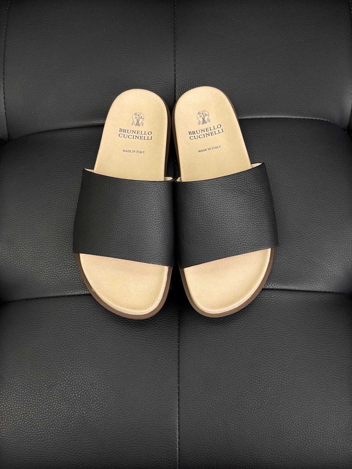 Brunello Cucinelli Black Leather Slide Sandals