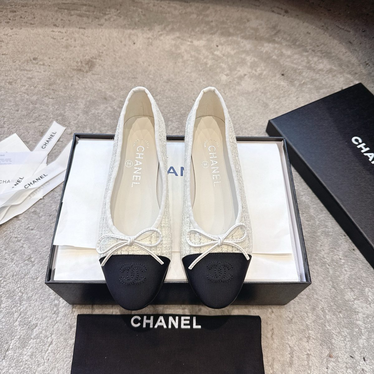 Chanel Tweed and Black Cap Toe Ballet Flats