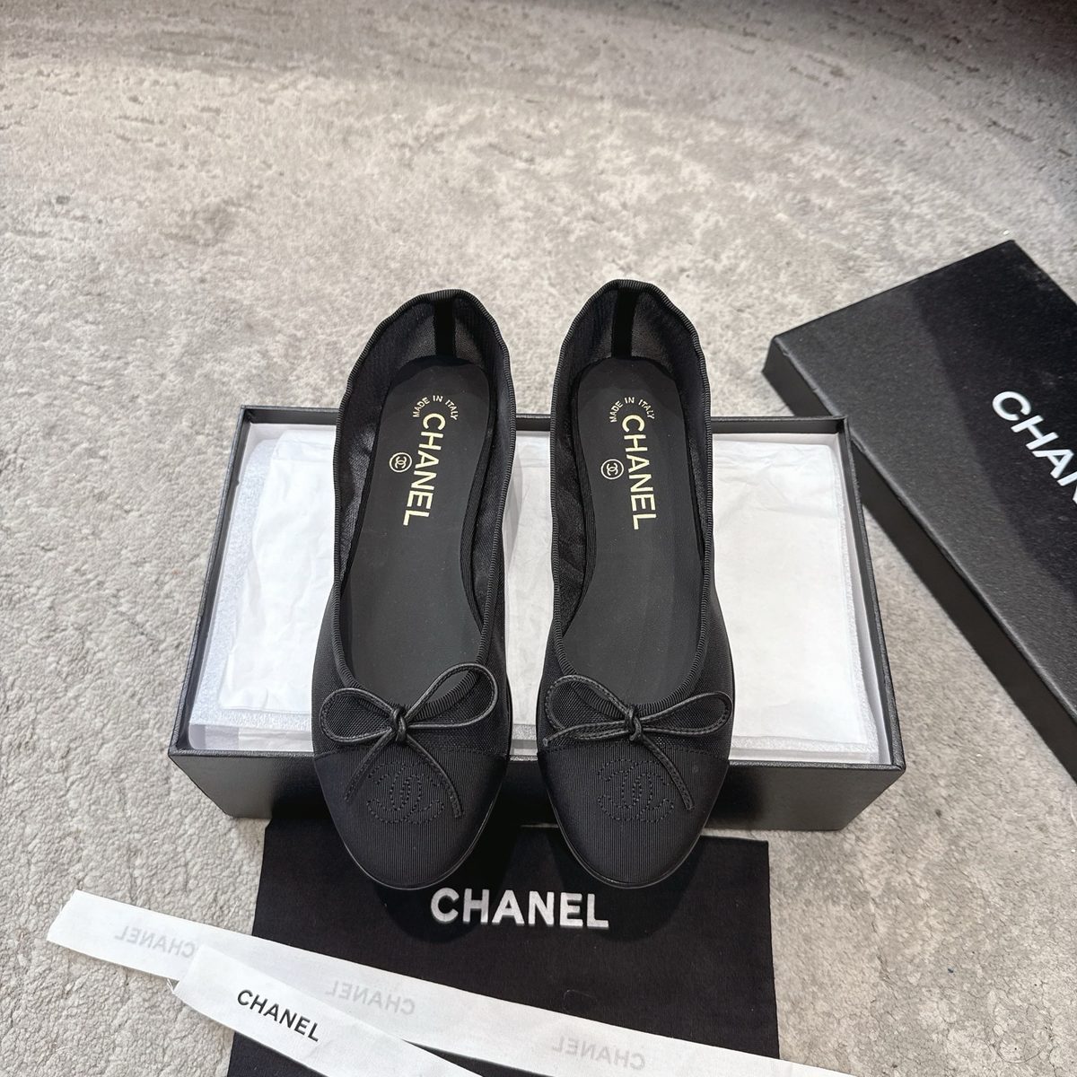 Chanel Black Grosgrain Bow Ballet Flats
