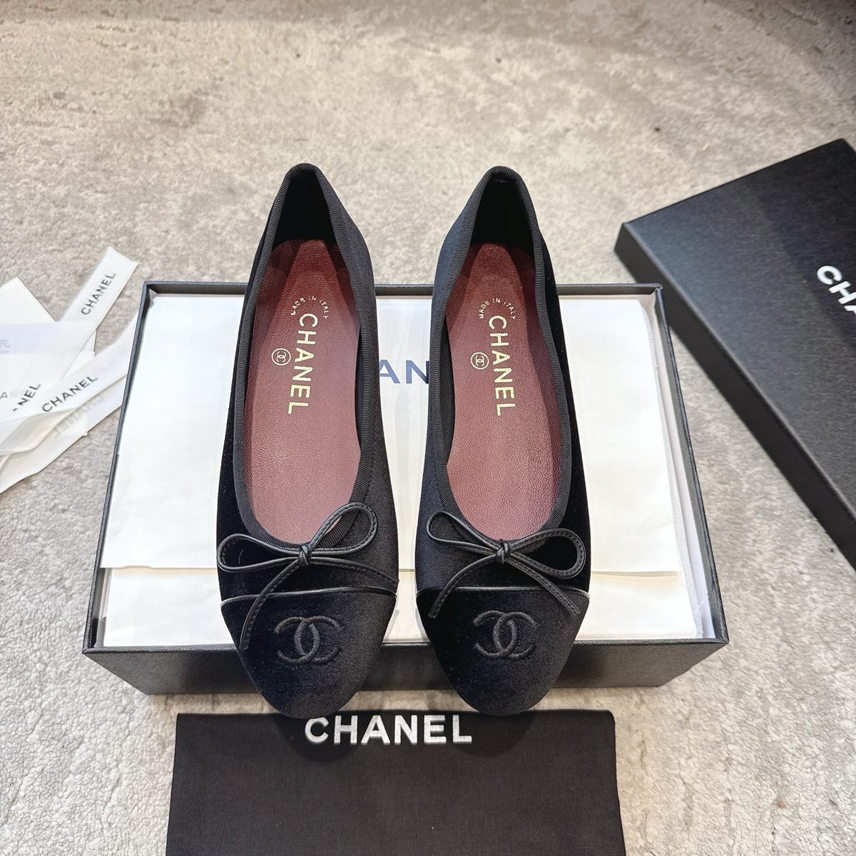 Chanel Black Velvet Ballet Flats with Bow