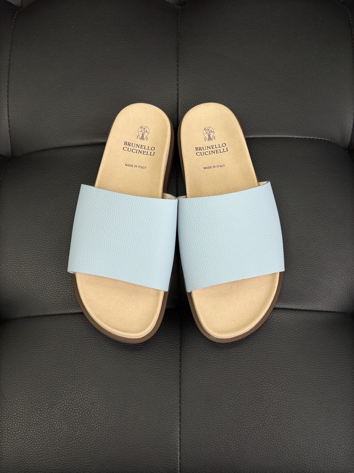 Brunello Cucinelli Light Blue Leather Slides