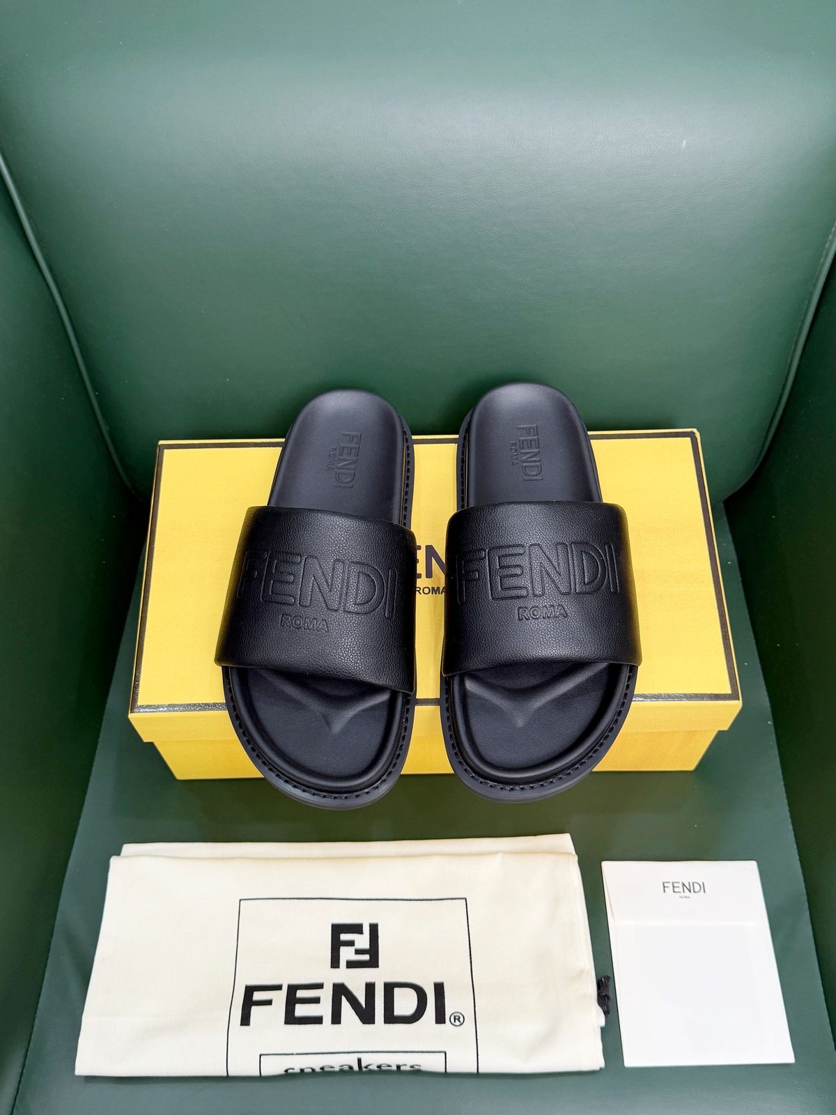 Fendi Roma Embossed Leather Slide Sandals