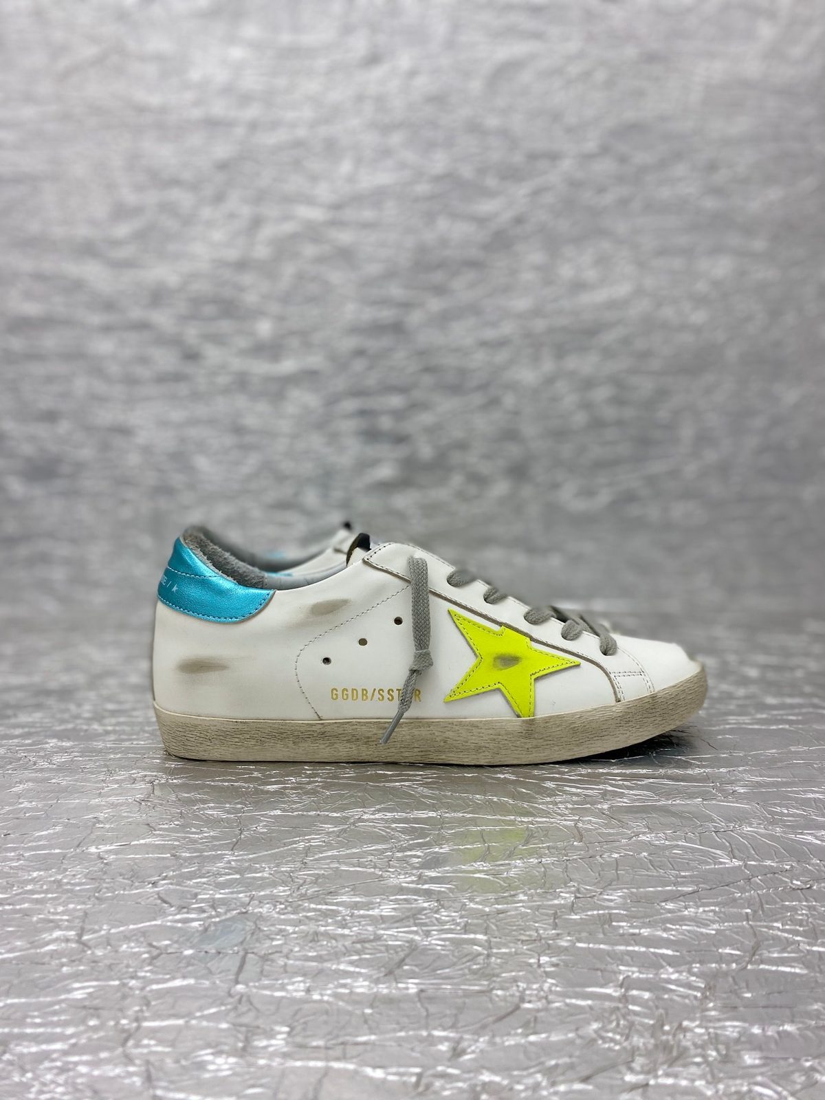 Golden Goose Superstar White Leather Neon Yellow Star Teal Heel Tab
