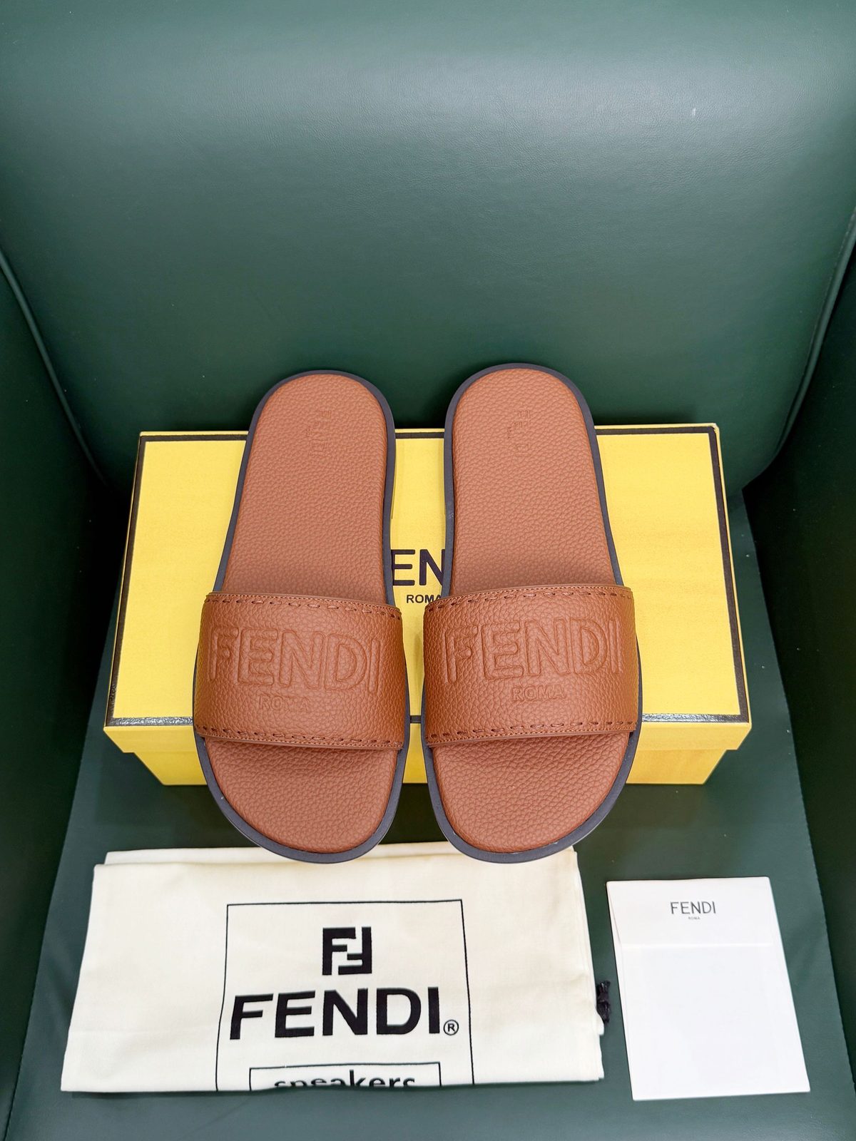 Fendi Leather Slide Sandals Brown