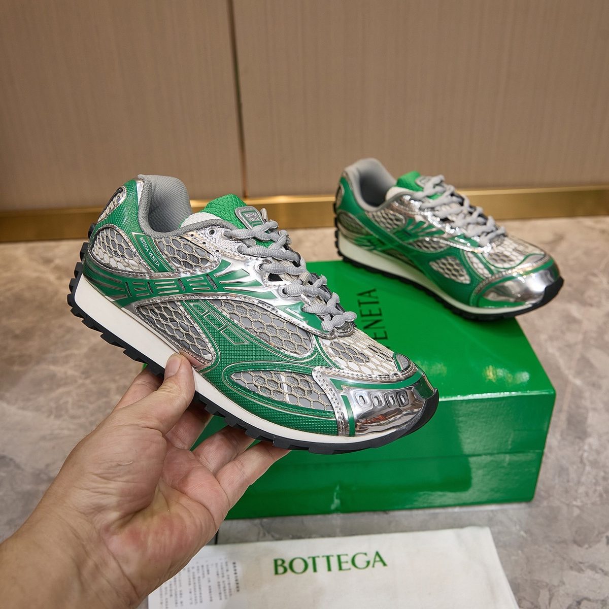 Bottega Veneta Green Silver Running Sneakers