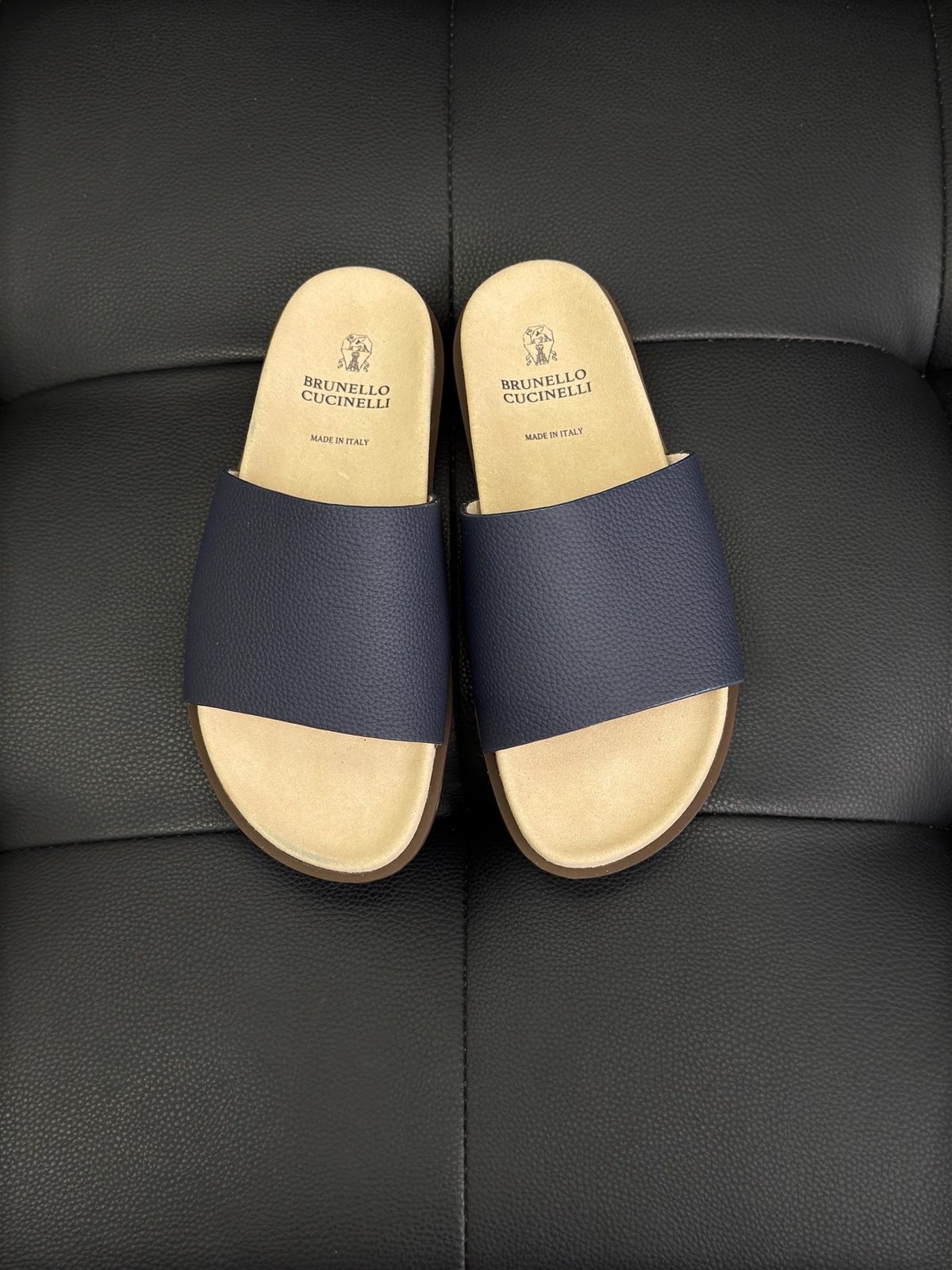 Brunello Cucinelli Navy Leather Slide Sandals