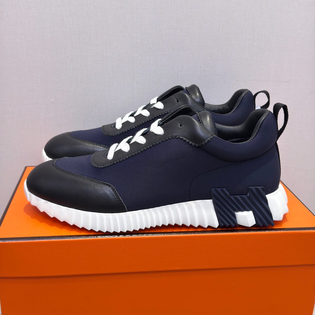 Navy Leather and Neoprene Lace-Up Sneakers