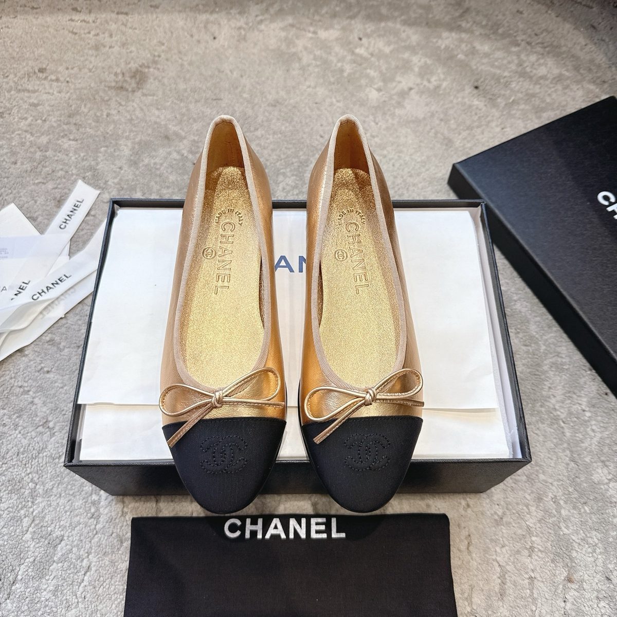 Chanel Ballet Flats Black Toe Cap Gold