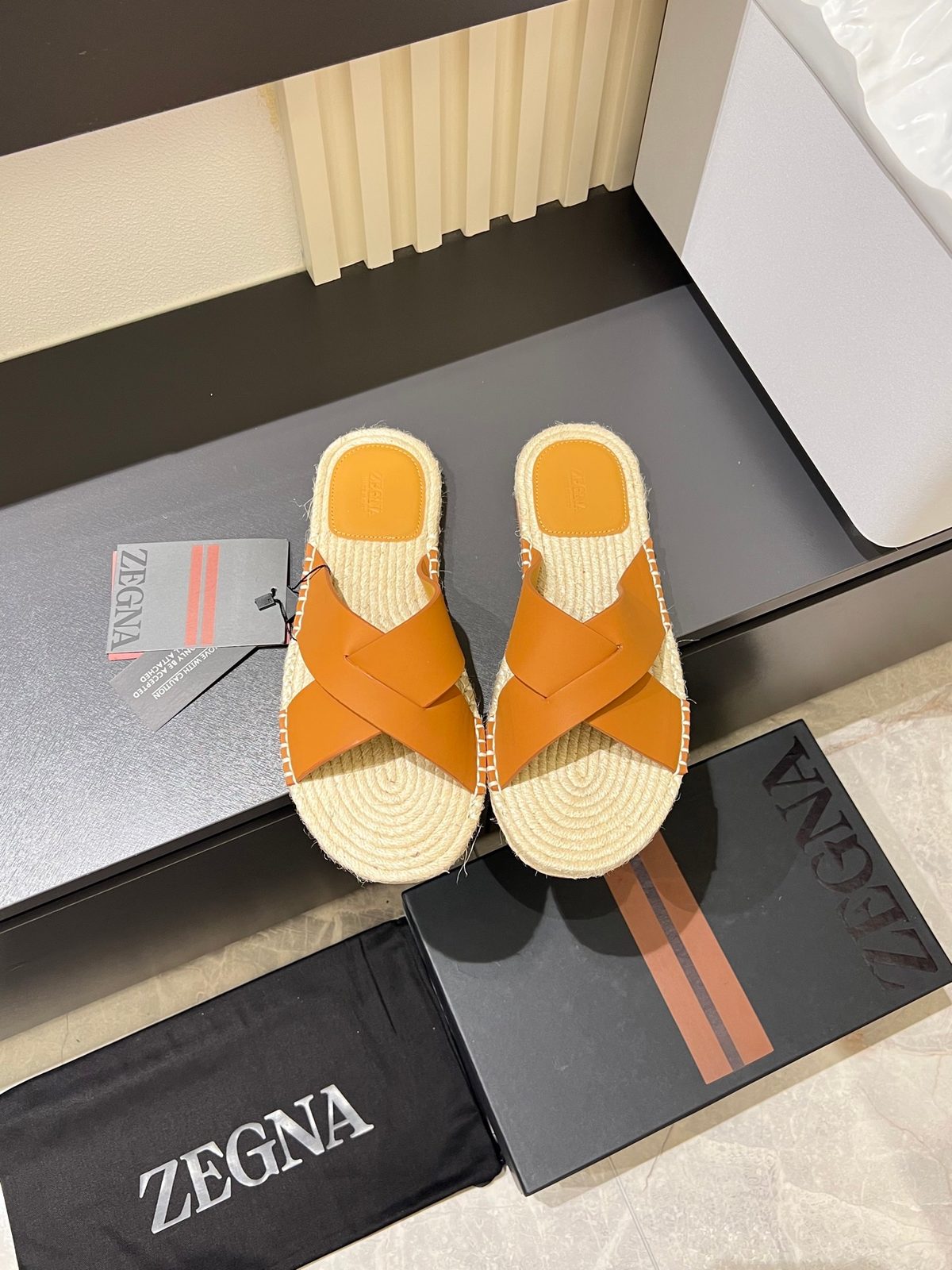 Zegna Orange Leather Crossover Espadrille Slides