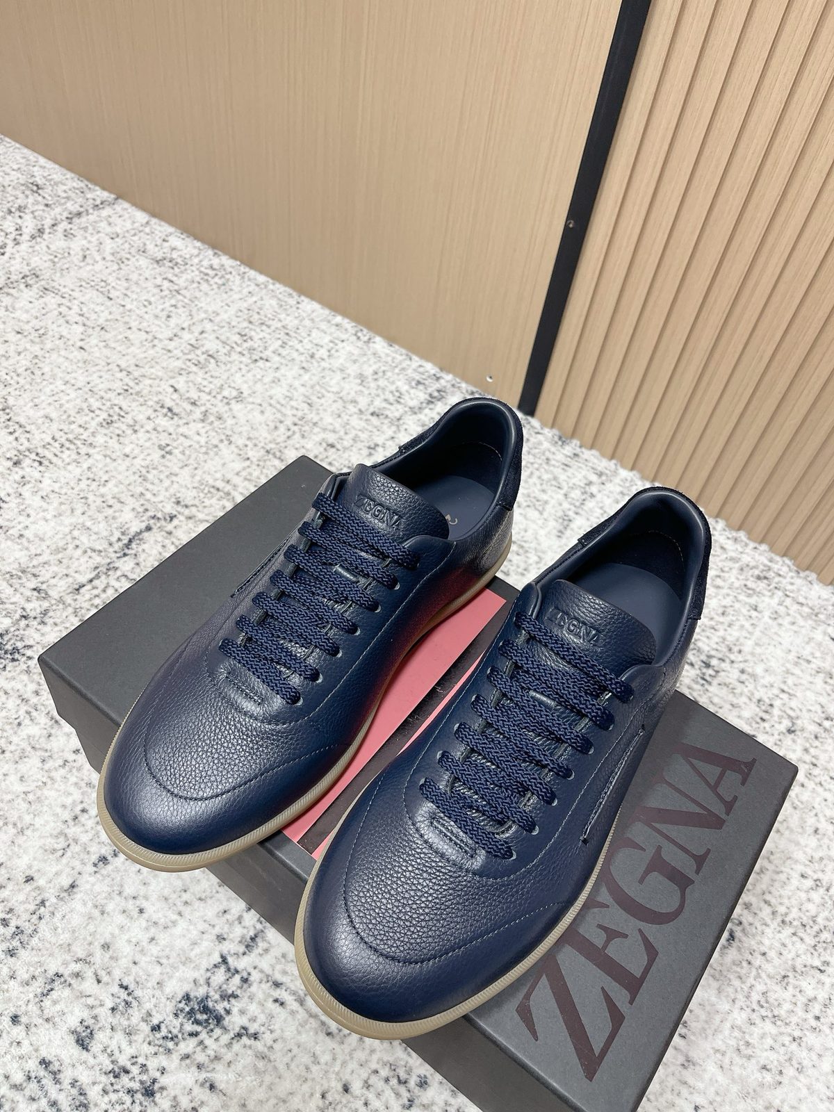 Zegna Triple Stitch Navy Leather