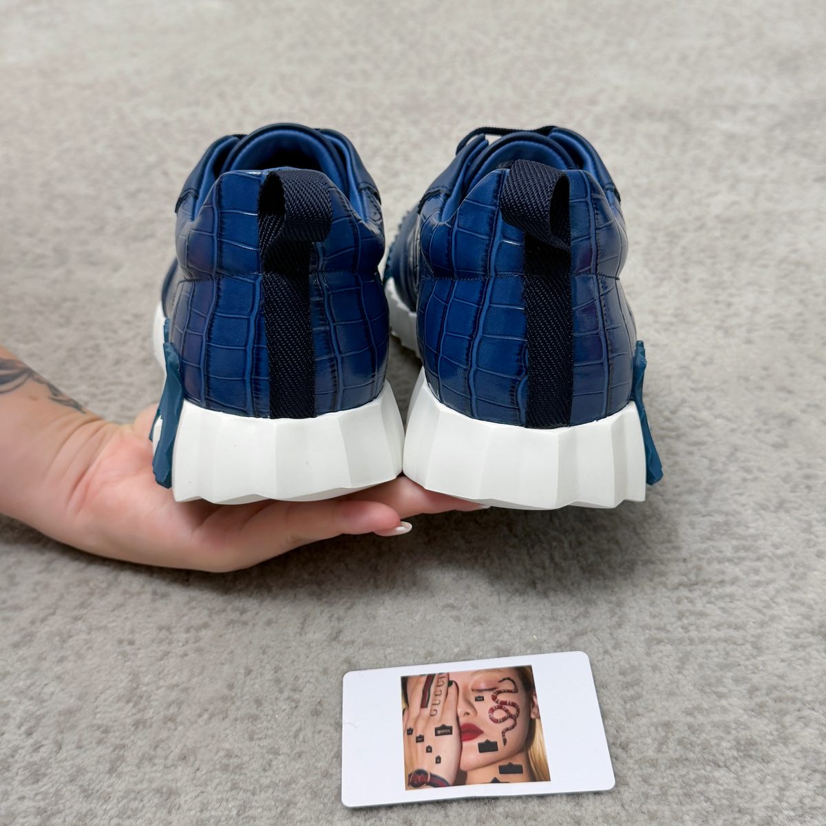 Navy Crocodile Embossed Leather Sneakers