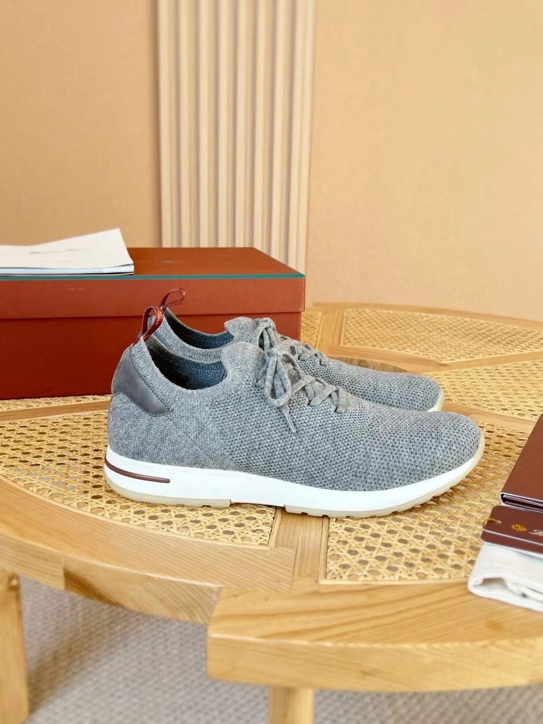 Loro Piana Knit Lace-Up Sneakers Gray