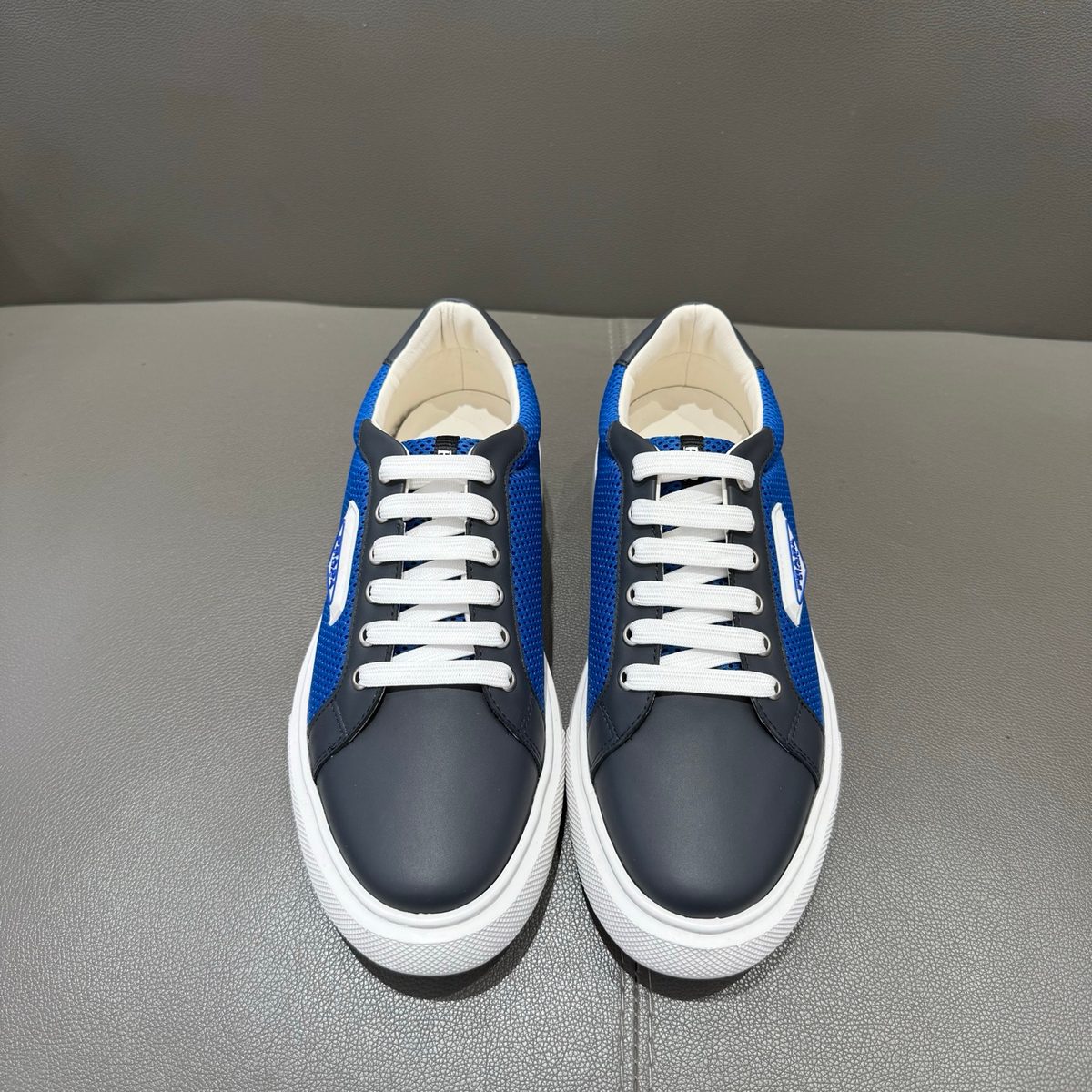 Prada Logo Blue Mesh Leather Sneakers