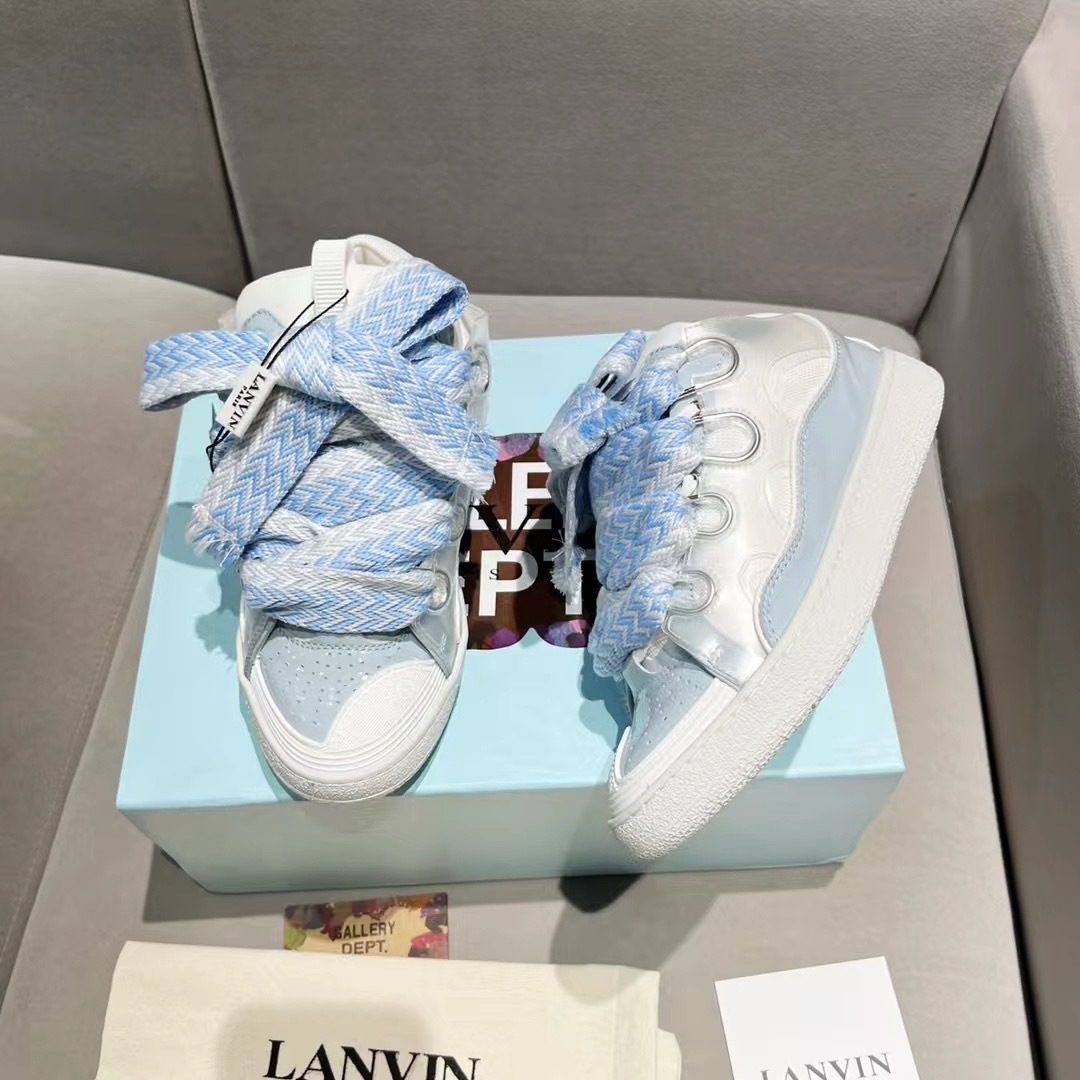 Lanvin Leather High-Top Sneakers with Blue Laces
