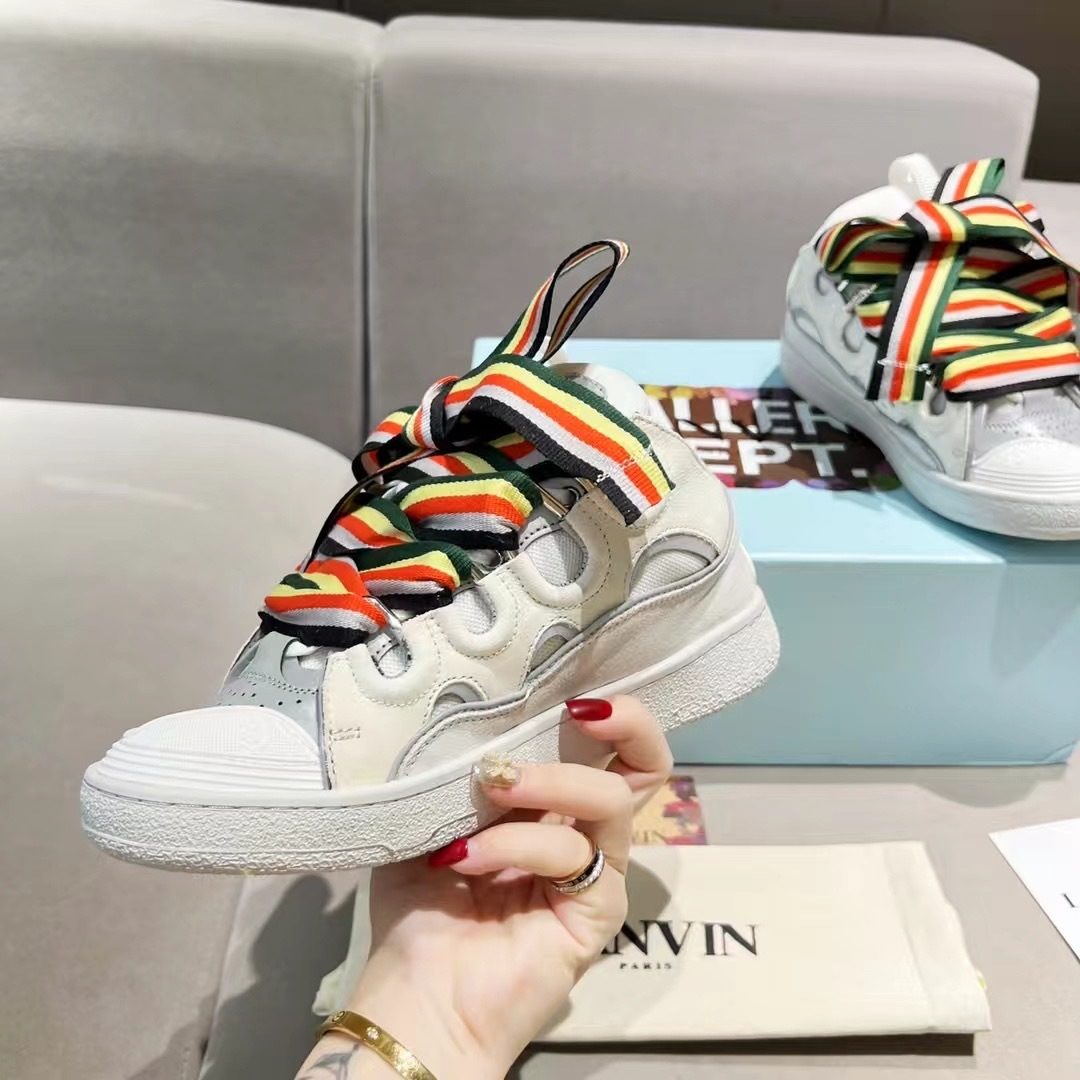 Lanvin Curb Leather Sneakers with Striped Laces