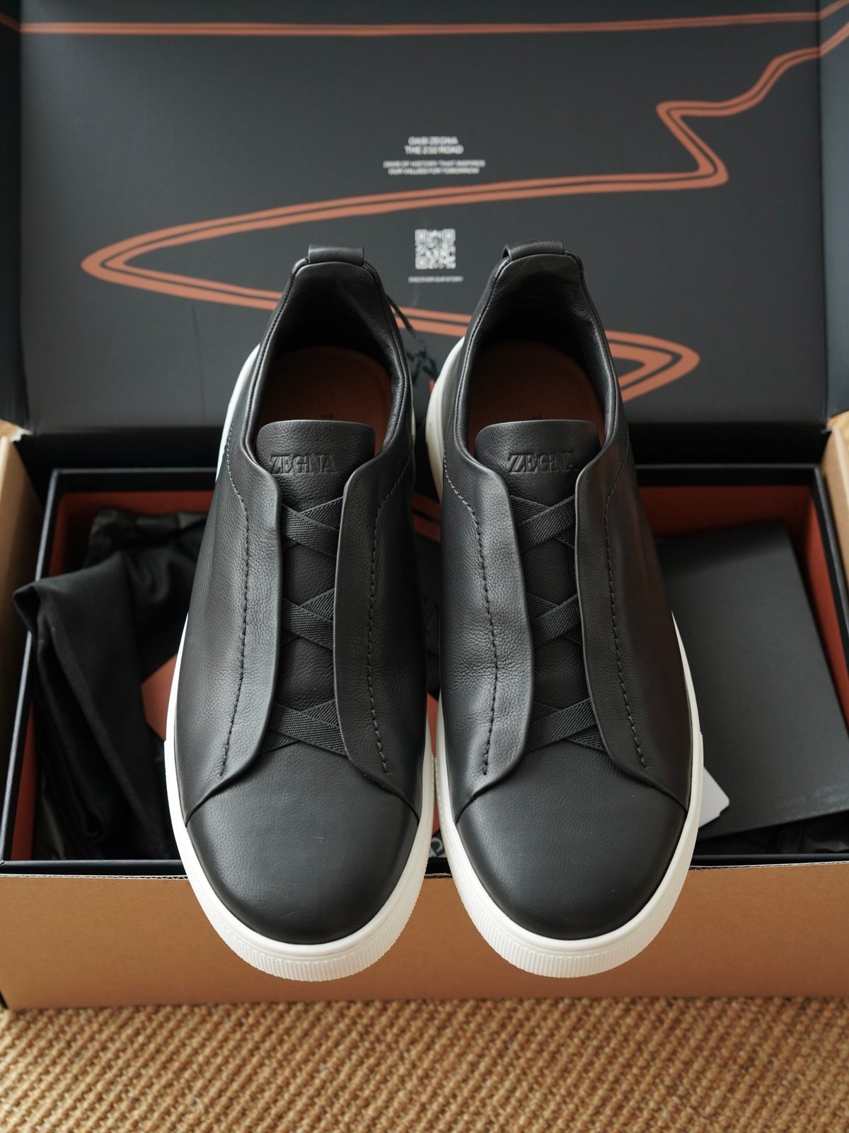 Zegna Black Leather Slip-On Sneakers