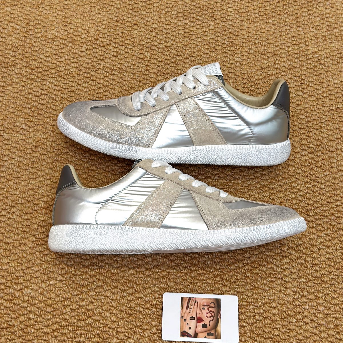 Metallic Silver Leather Low-Top Sneakers