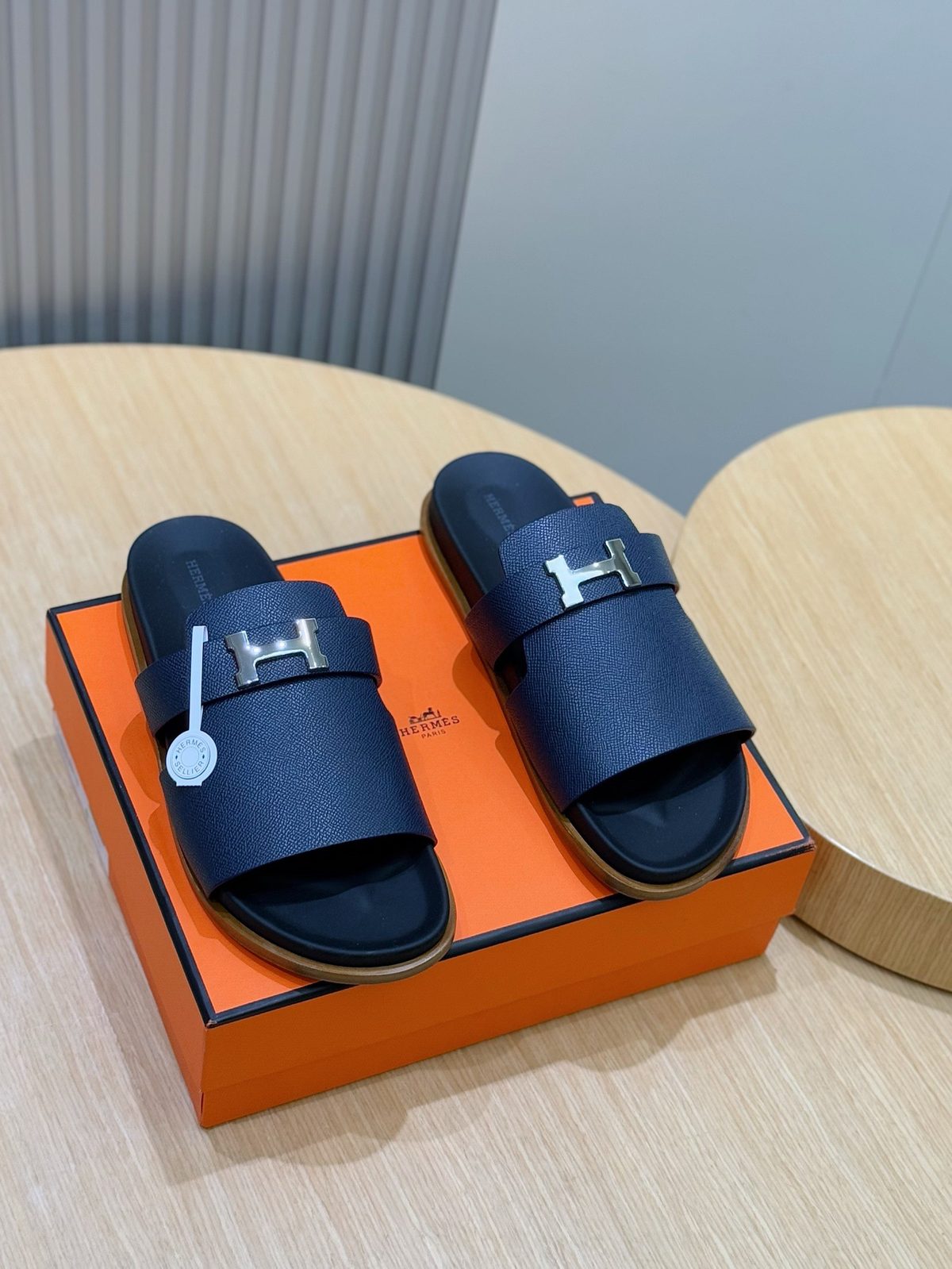 Hermès H Textured Leather Slide Sandals