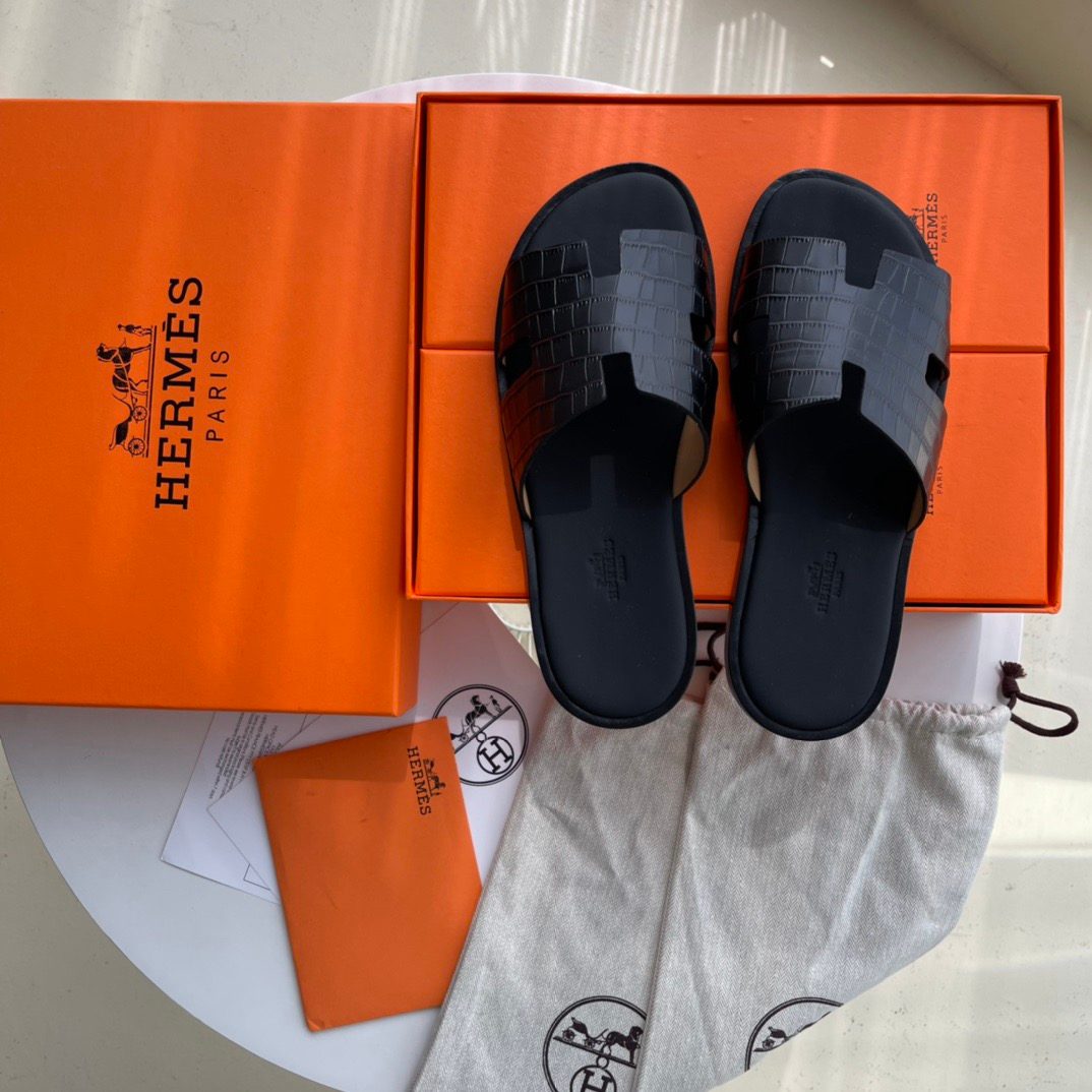Hermès Crocodile Embossed Slide Sandals