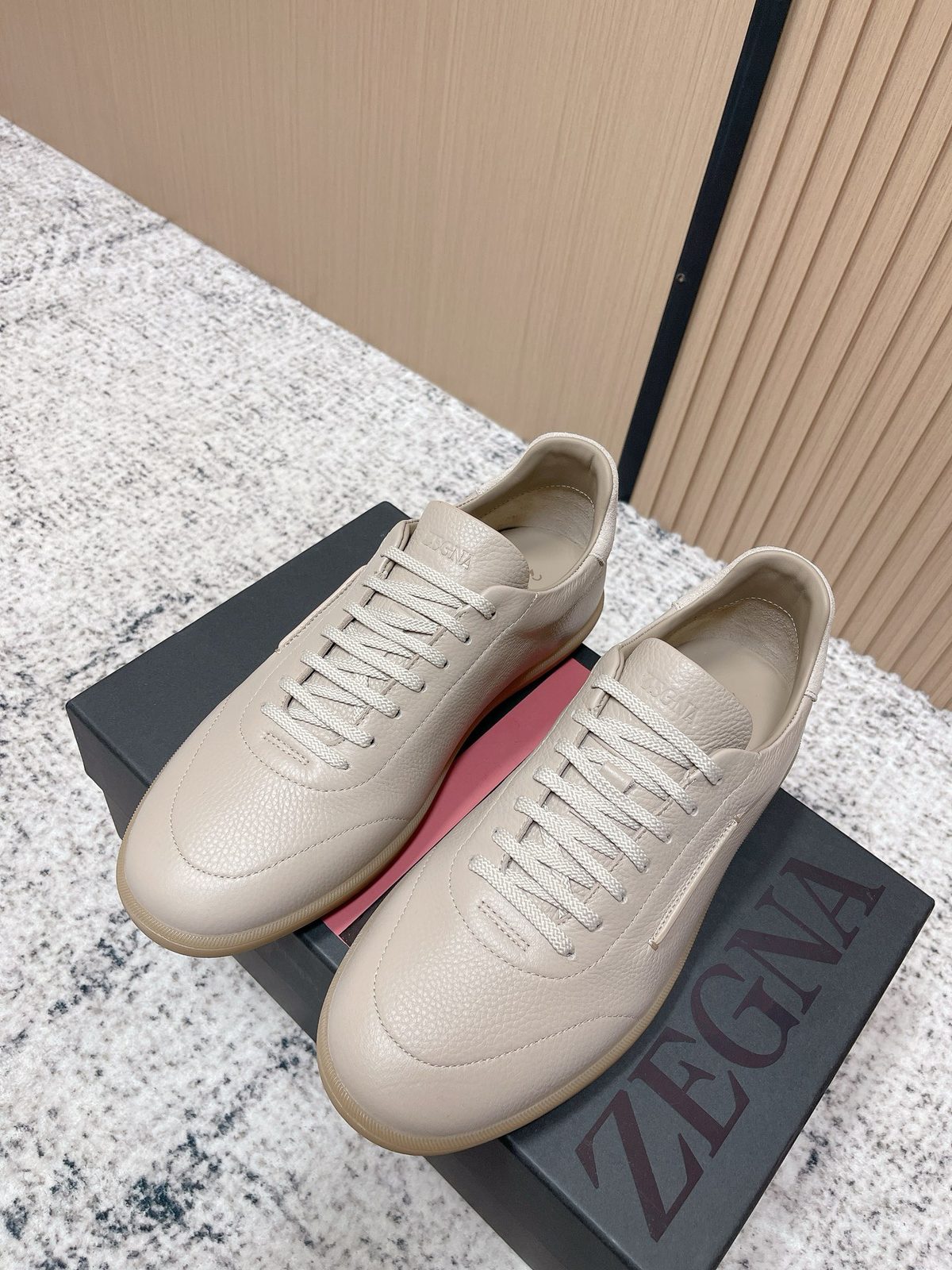 Zegna Triple Stitch Leather Sneaker Cream