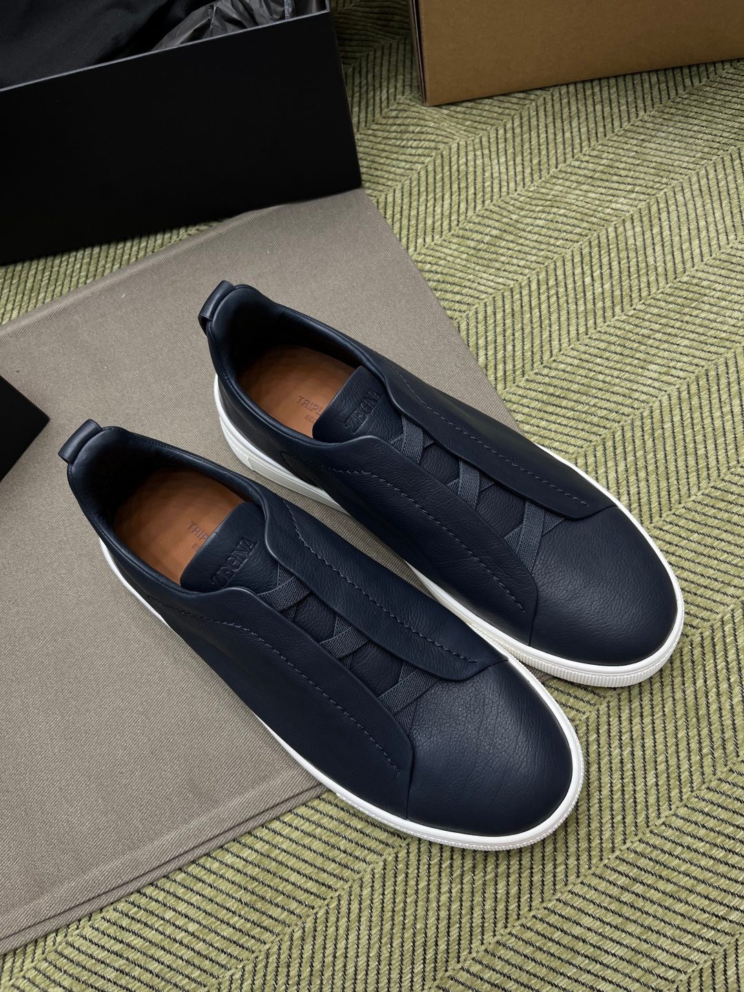 Loro Piana Navy Leather Slip-On Sneakers