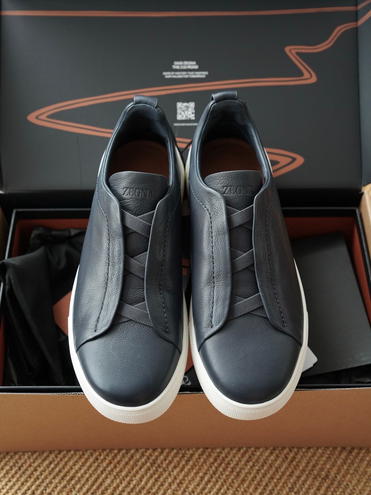Zegna Navy Leather Slip-On Sneakers